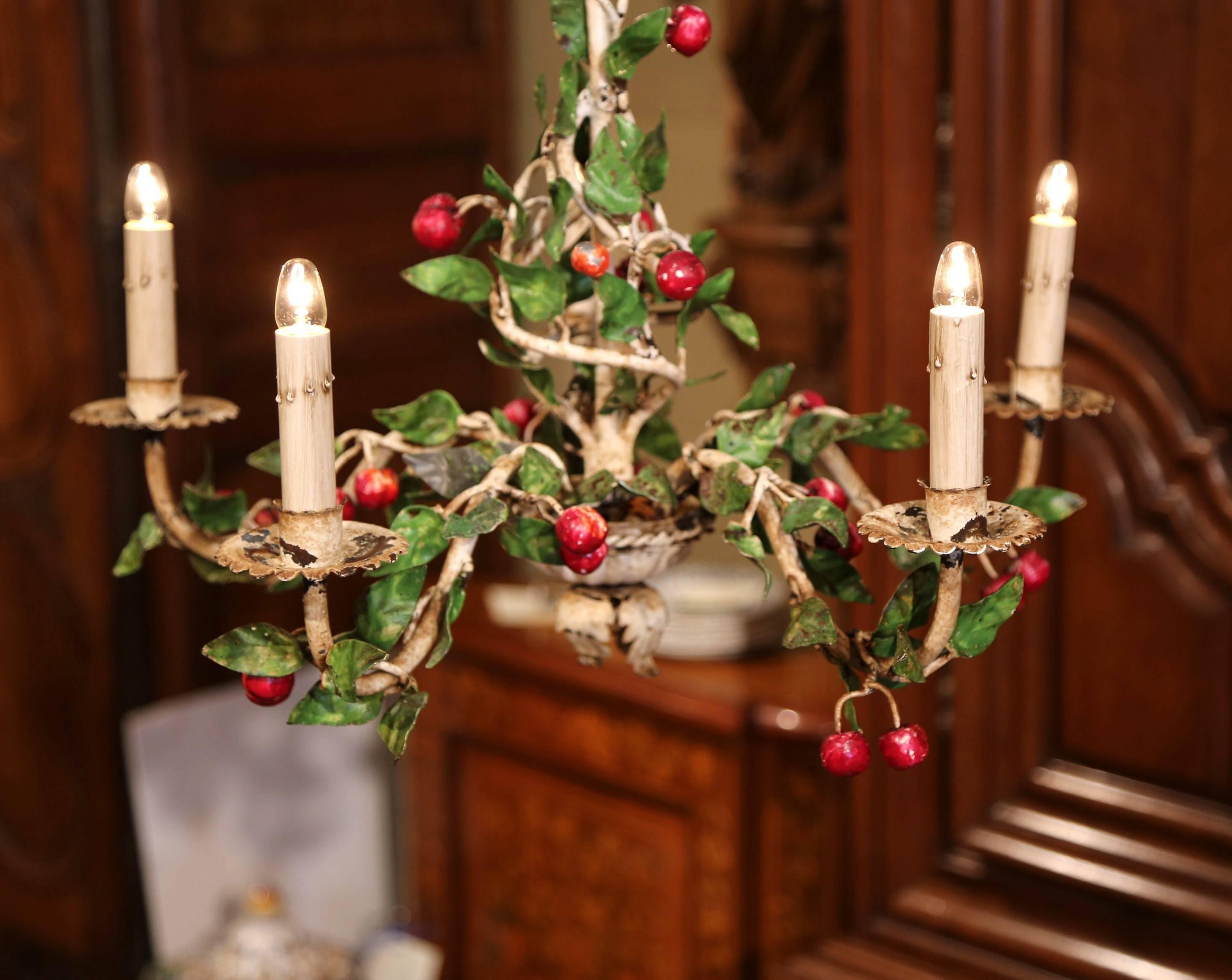 Early 20th Century French Painted Iron and Tole Chandelier with Cherries&Leaves In Excellent Condition In Dallas, TX