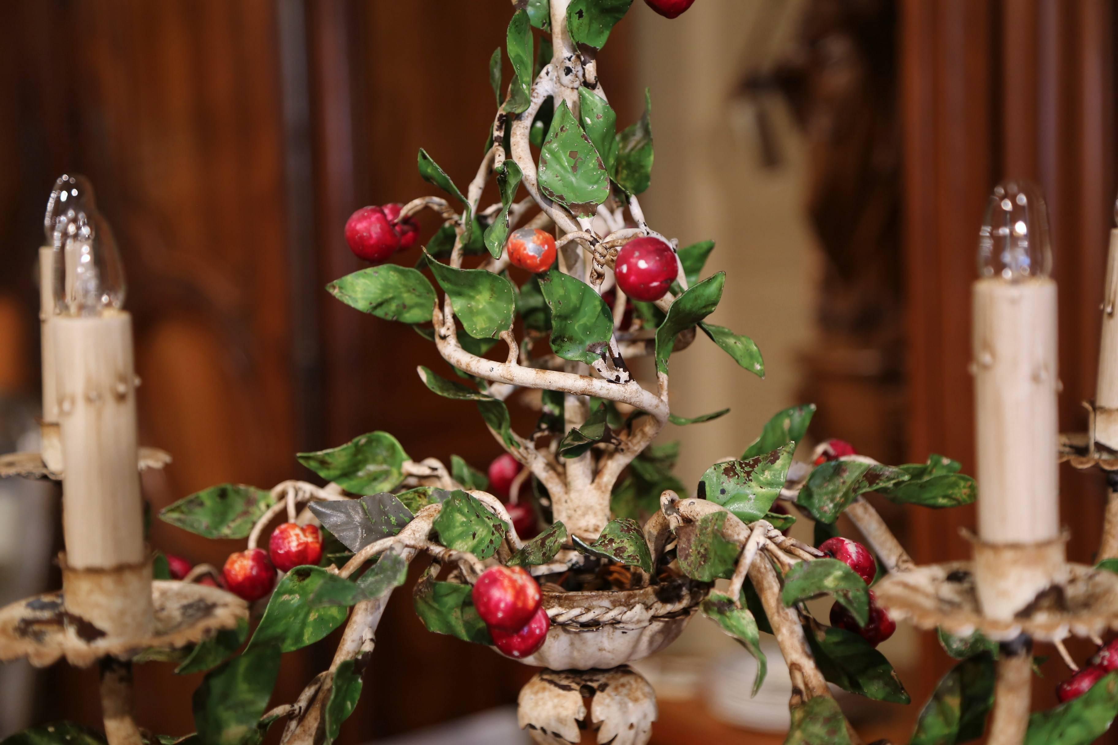 Early 20th Century French Painted Iron and Tole Chandelier with Cherries&Leaves 4