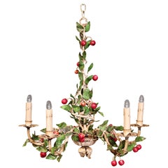 Early 20th Century French Painted Iron and Tole Chandelier with Cherries&Leaves