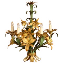 Early 20th Century French Painted Iron and Tole Chandelier with Flowers