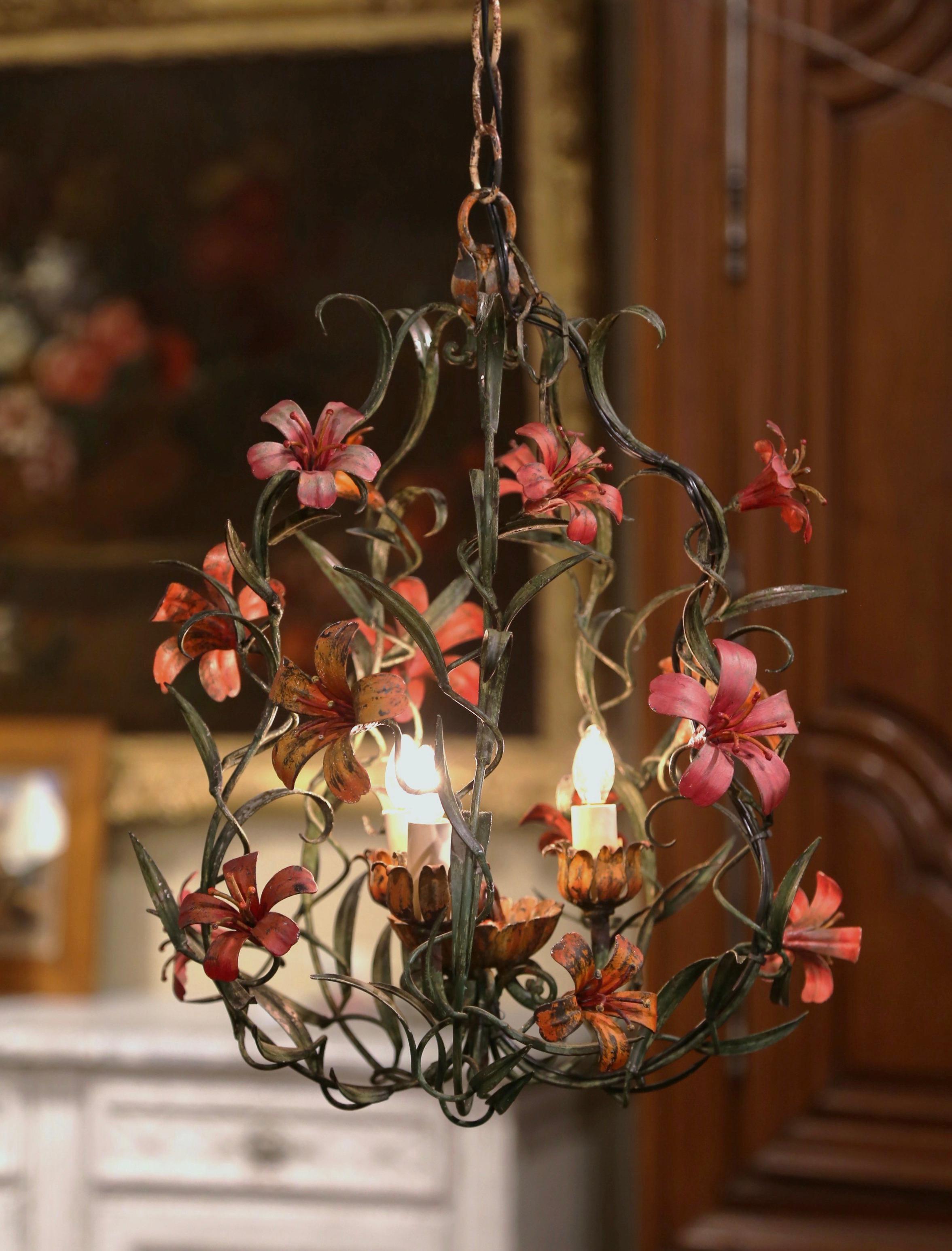 Early 20th Century French Painted Iron and Tole Chandelier with Pink Flowers 8