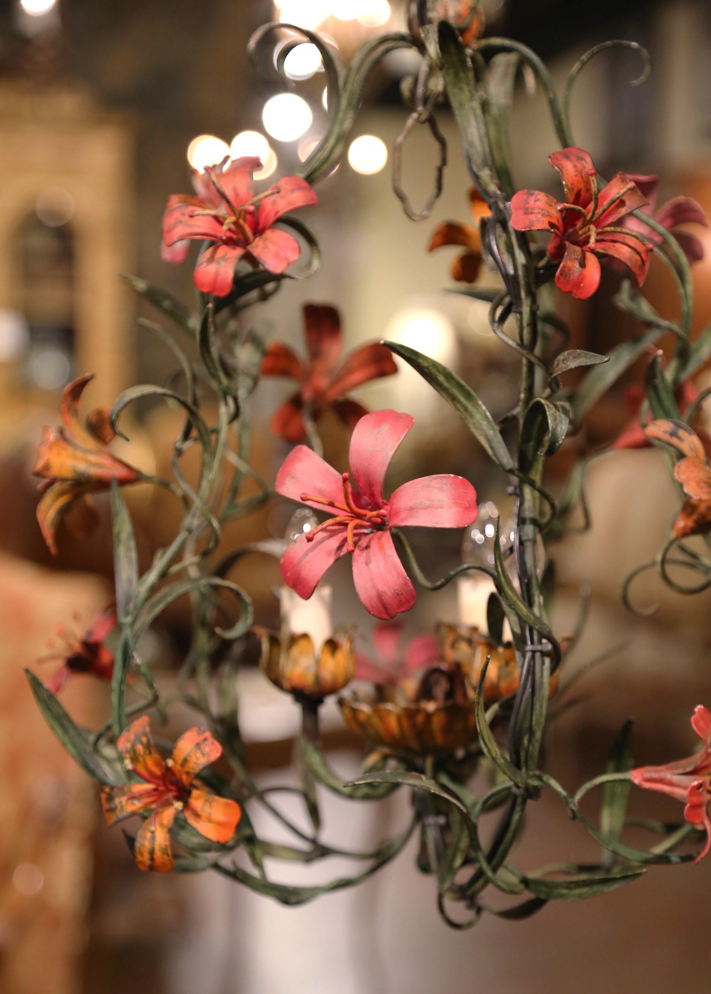 Early 20th Century French Painted Iron and Tole Chandelier with Pink Flowers 3