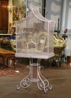 Early 20th Century French Iron Pagoda Bird Cage on Stand with White Finish