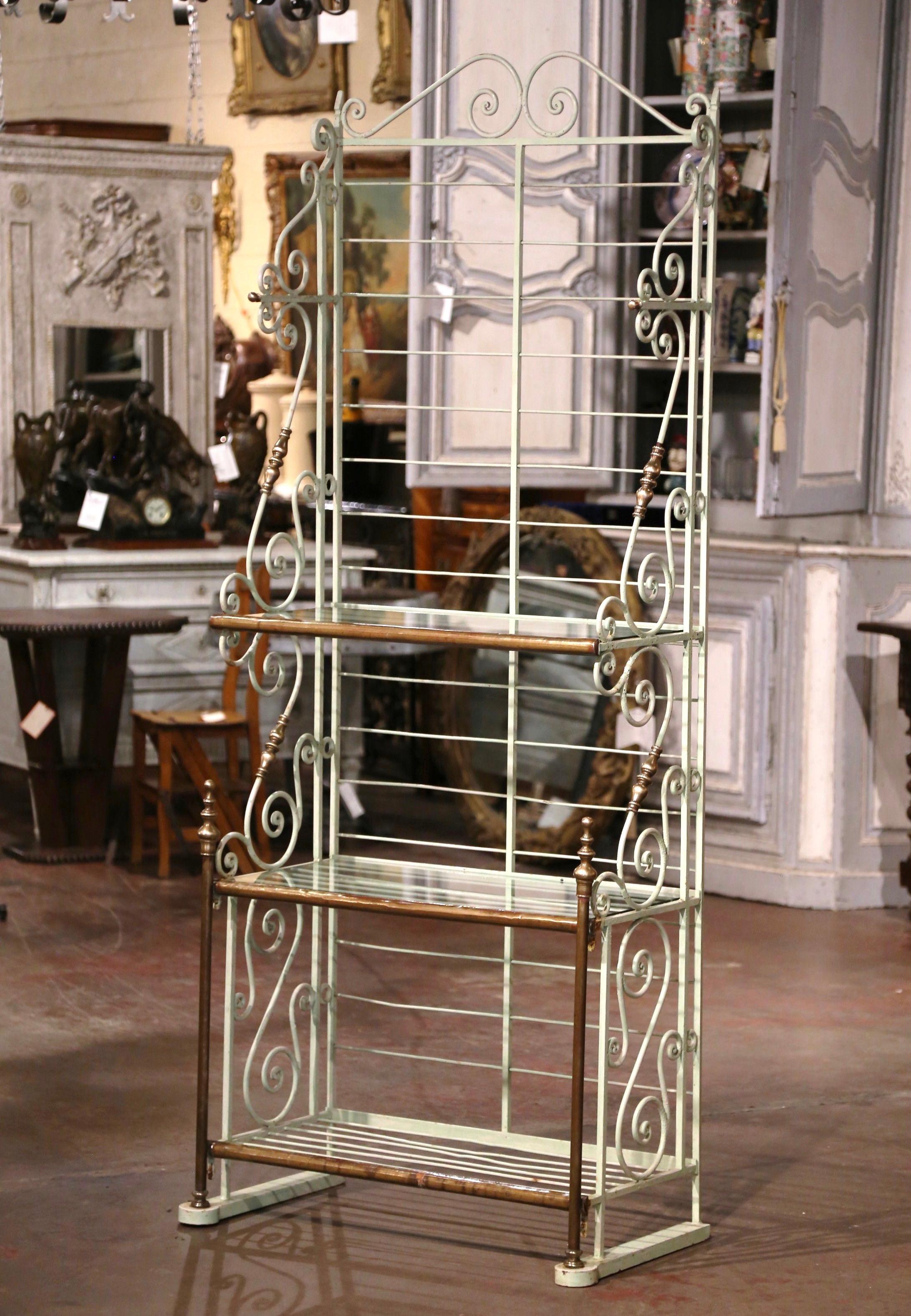 Early 20th Century French Painted Iron Bronze & Brass Three-Shelf Baker's Rack  In Excellent Condition For Sale In Dallas, TX