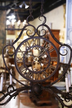 Early 20th Century French Painted Iron Six-Light Clock Chandelier