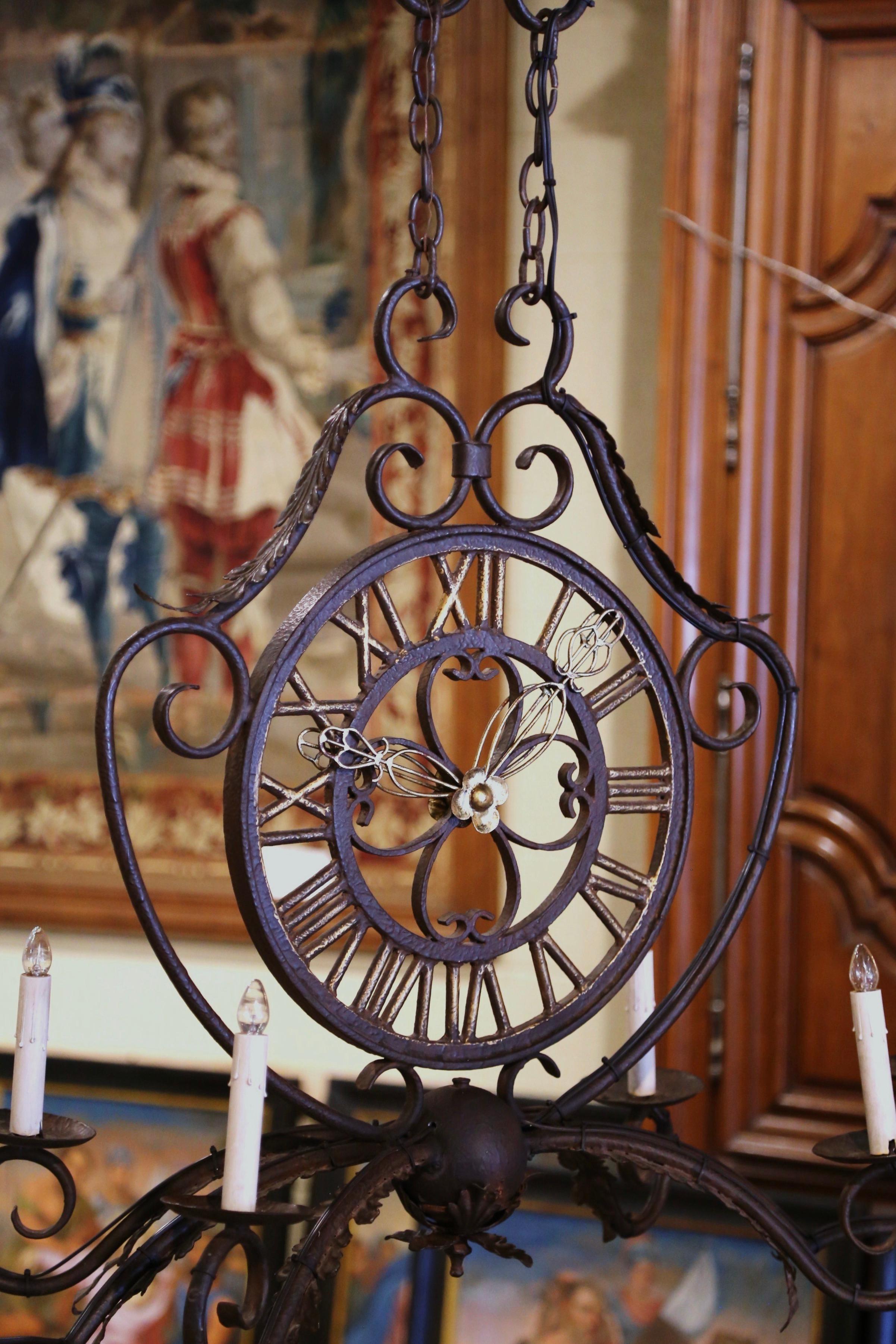 Hand-Crafted Early 20th Century French Painted Iron Six-Light Clock Chandelier For Sale