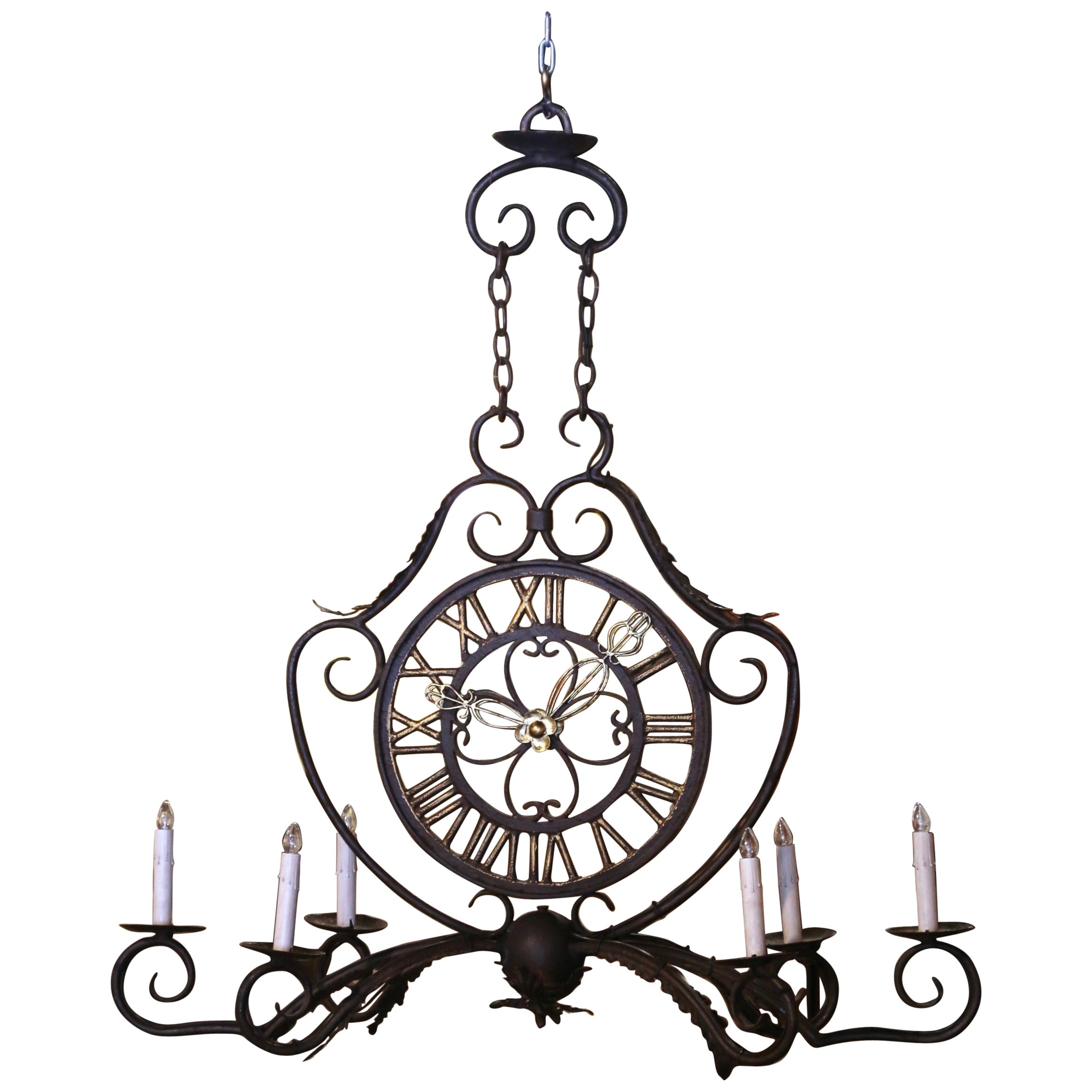 Lustre horloge à six lumières en fer peint français du début du 20e siècle en vente