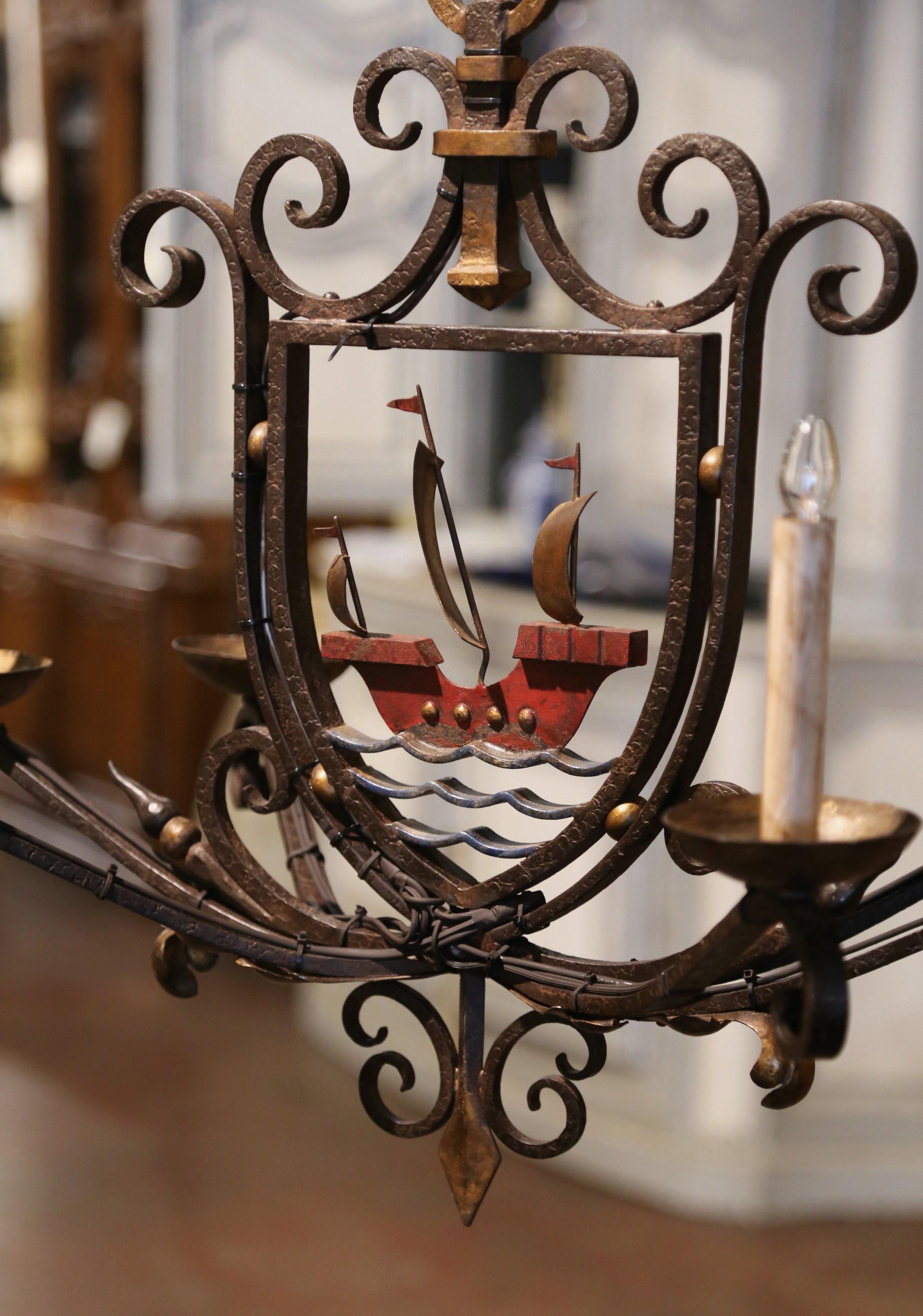 Patinated Early 20th Century French Painted Iron Six-Light Sailboat Chandelier For Sale