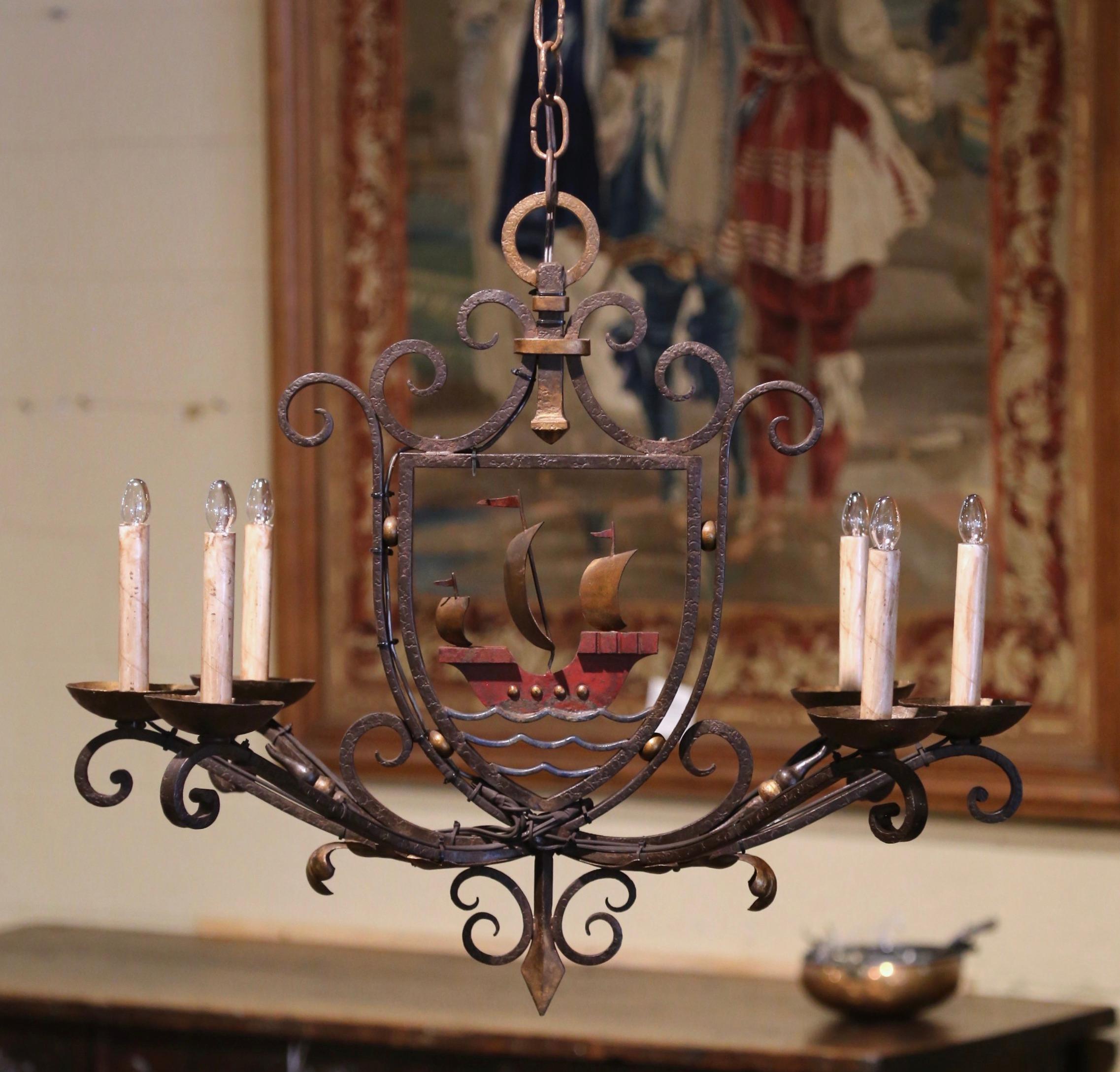 Early 20th Century French Painted Iron Six-Light Sailboat Chandelier In Excellent Condition For Sale In Dallas, TX