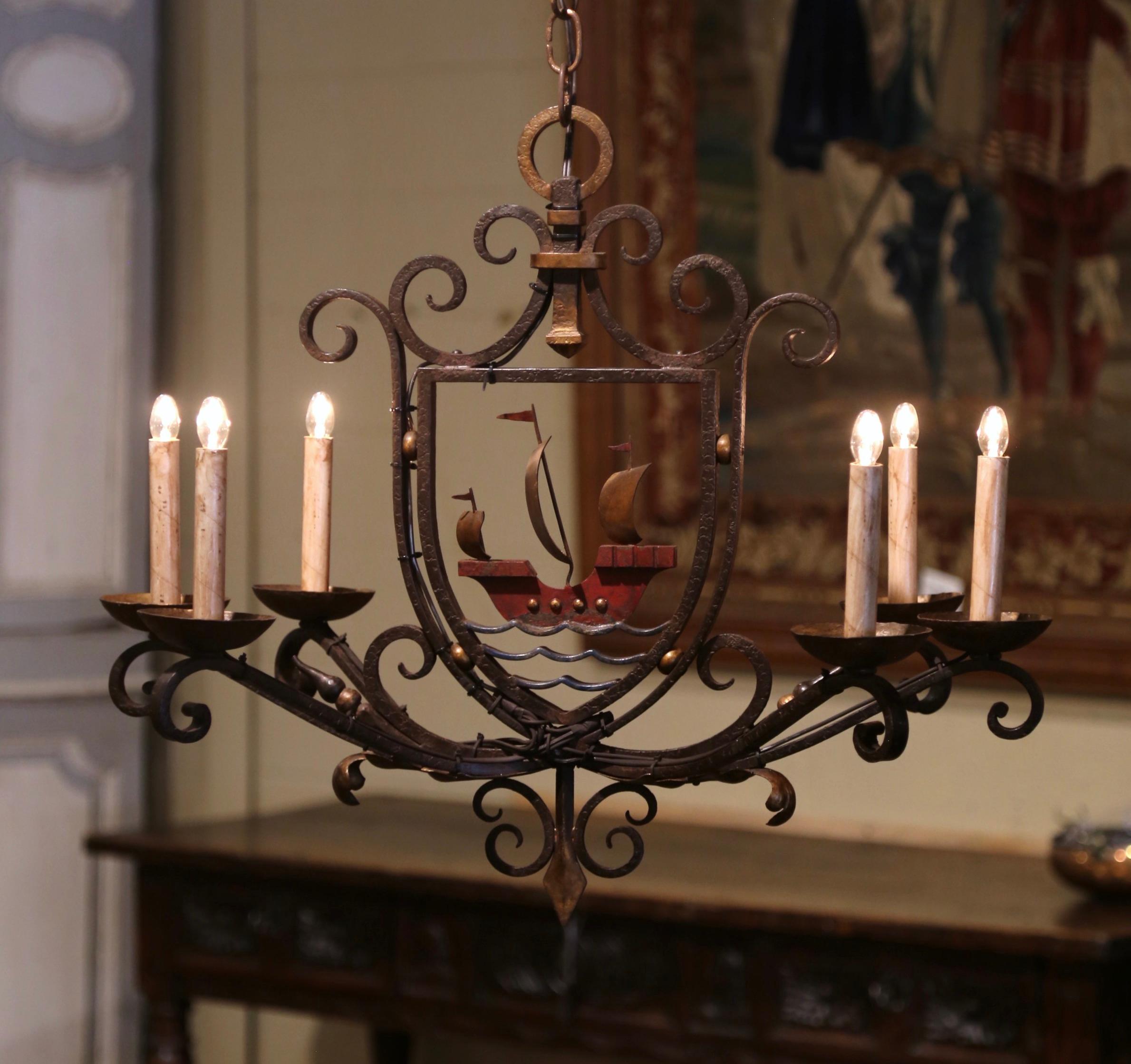 Early 20th Century French Painted Iron Six-Light Sailboat Chandelier For Sale 1