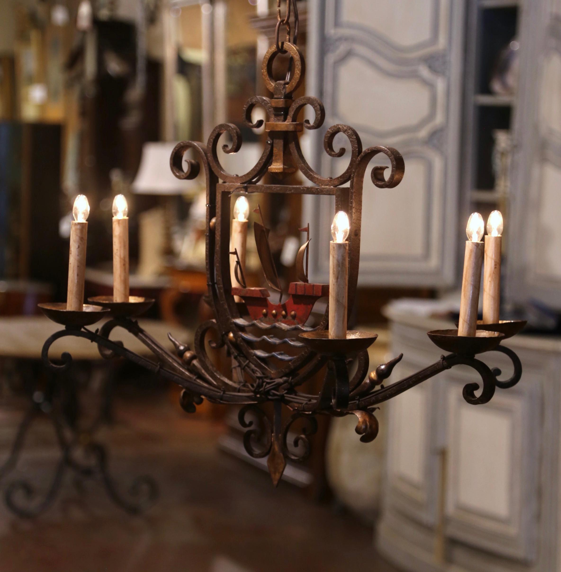 Early 20th Century French Painted Iron Six-Light Sailboat Chandelier For Sale 2