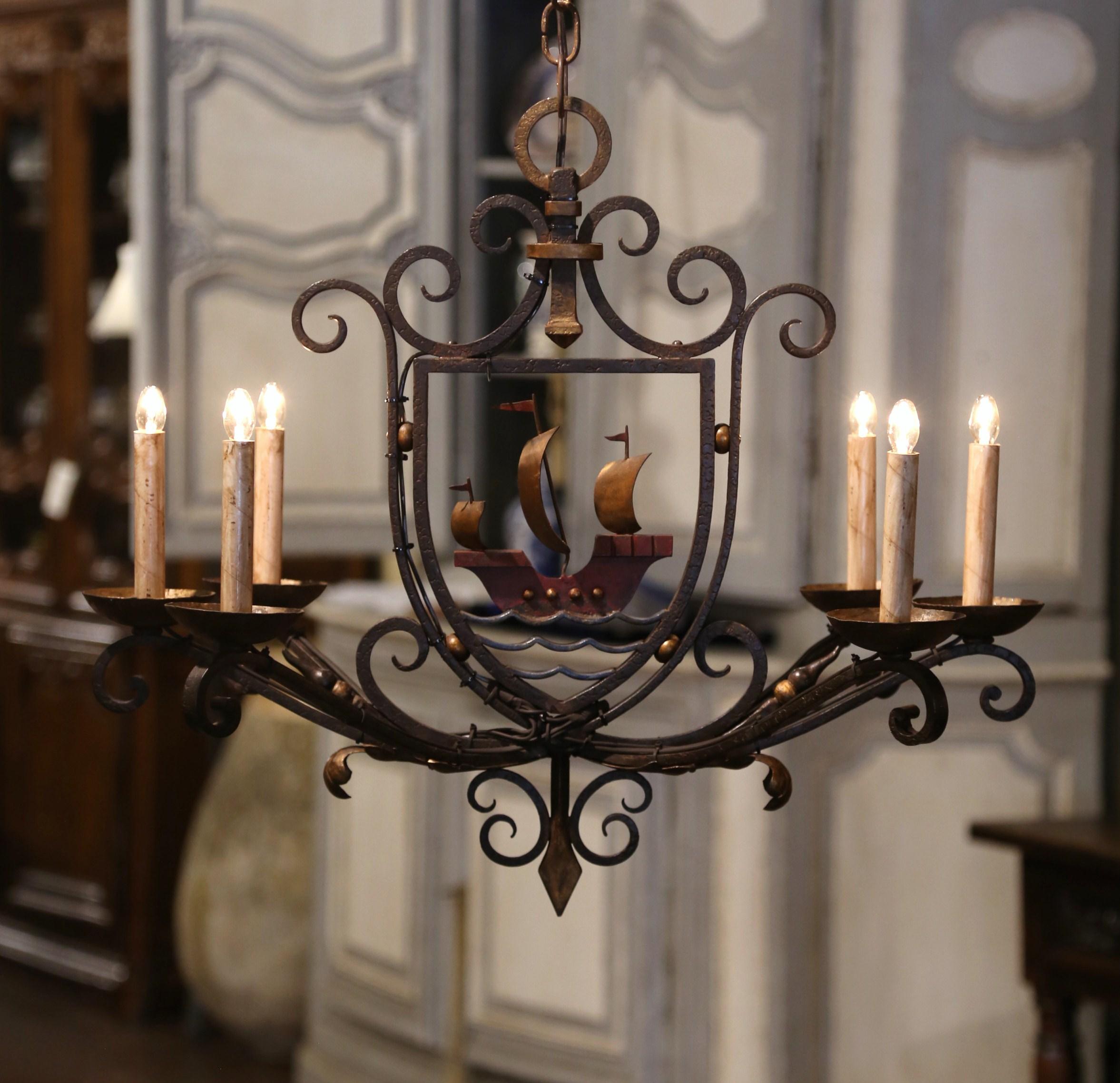 Early 20th Century French Painted Iron Six-Light Sailboat Chandelier For Sale 3