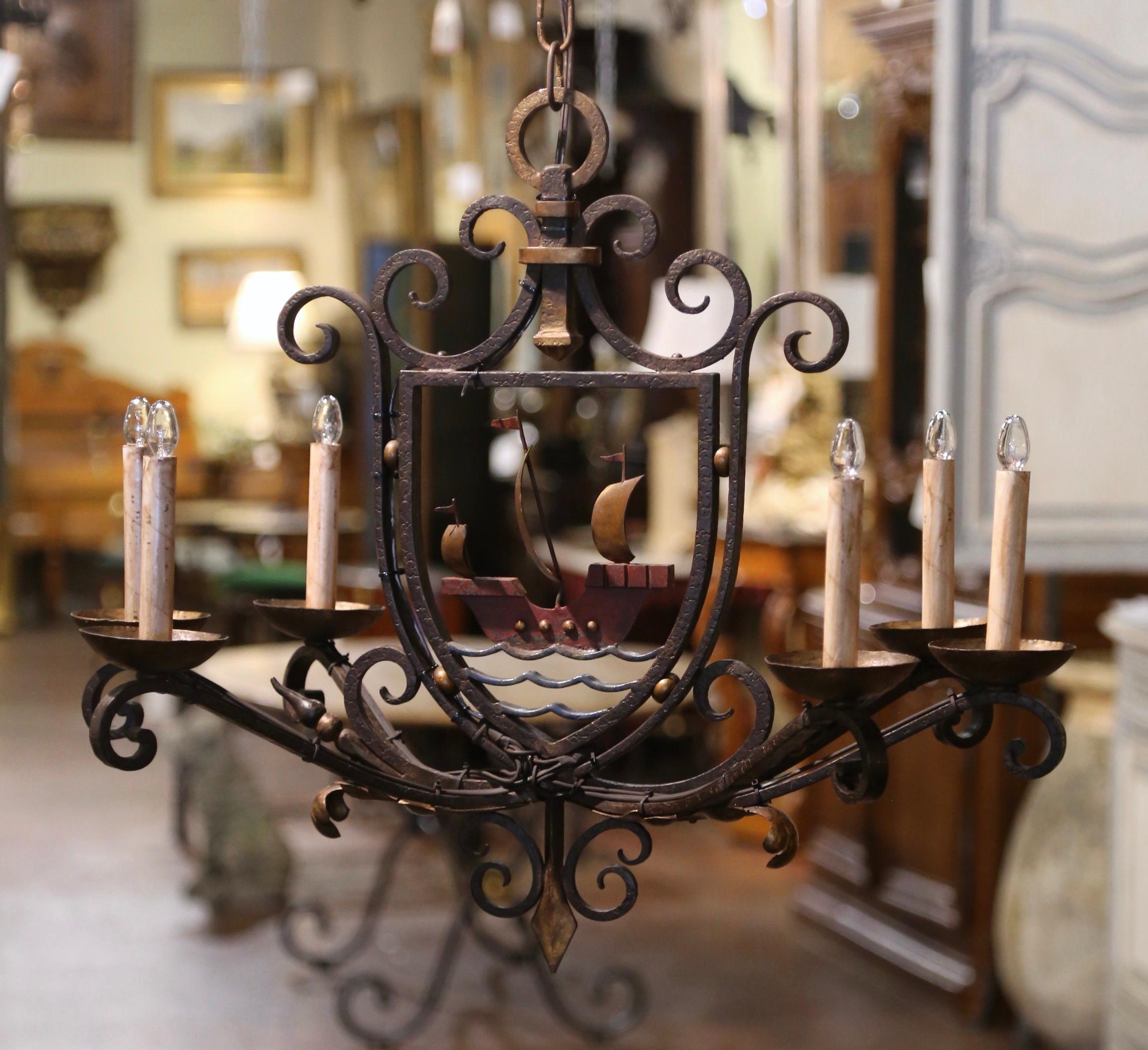 Early 20th Century French Painted Iron Six-Light Sailboat Chandelier For Sale 4