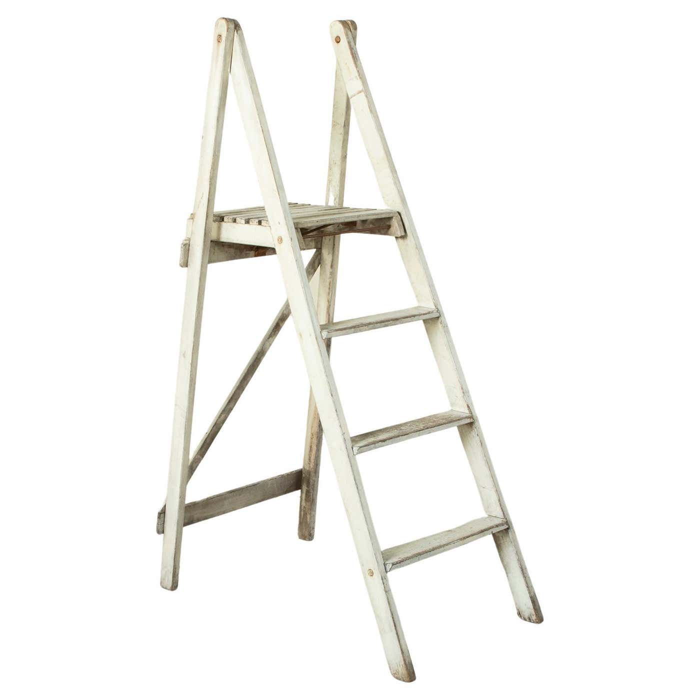 Early 20th Century French Painted Library Ladder with Platform For Sale ...