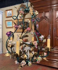 Early 20th Century French Painted Metal Chandelier with Porcelain Flowers