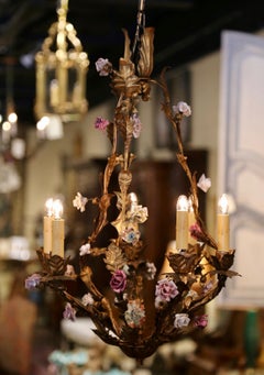 Early 20th Century French Painted Metal Chandelier with Porcelain Flowers