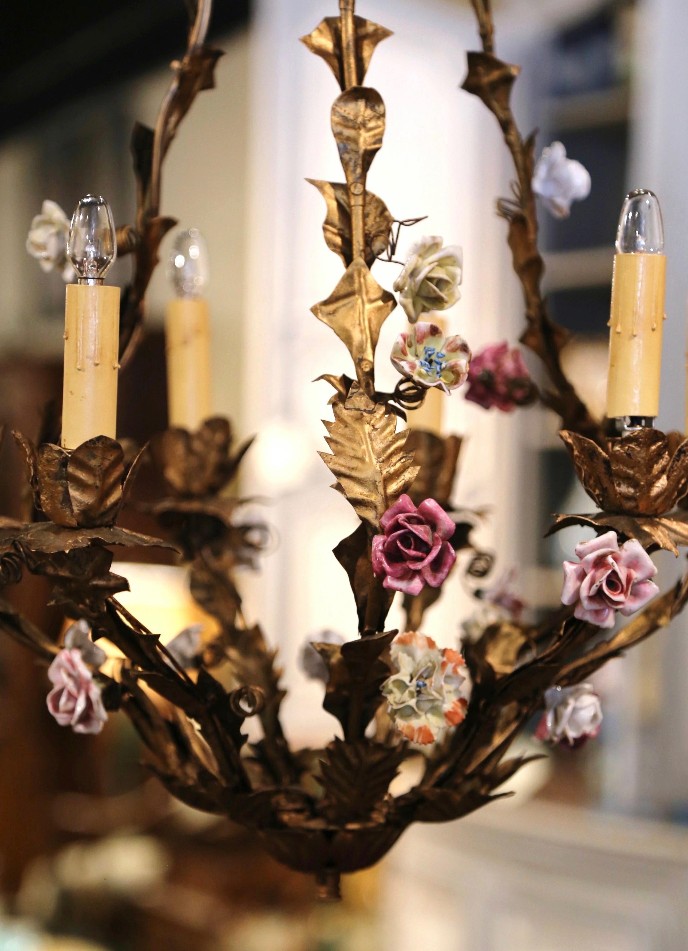 Hand-Crafted Early 20th Century French Painted Metal Chandelier with Porcelain Flowers