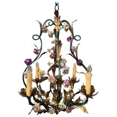 Early 20th Century French Painted Metal Chandelier with Porcelain Flowers