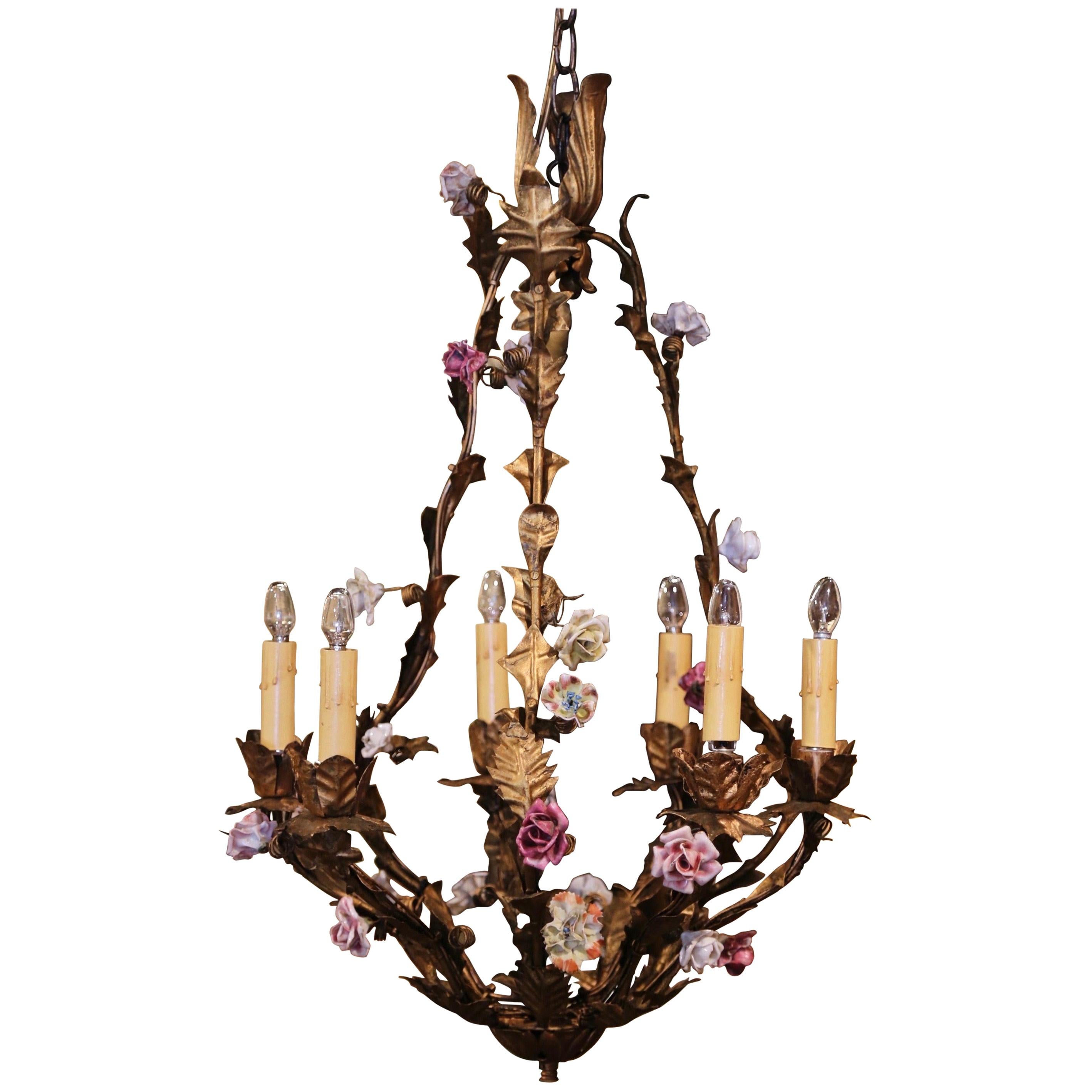 Early 20th Century French Painted Metal Chandelier with Porcelain Flowers