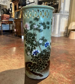 Early 20th Century French Painted Porcelain Umbrella Stand with Foliage Motifs