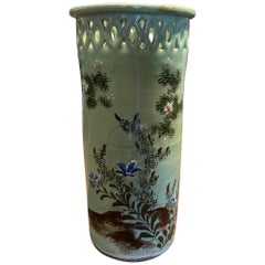 Early 20th Century French Painted Porcelain Umbrella Stand with Foliage Motifs