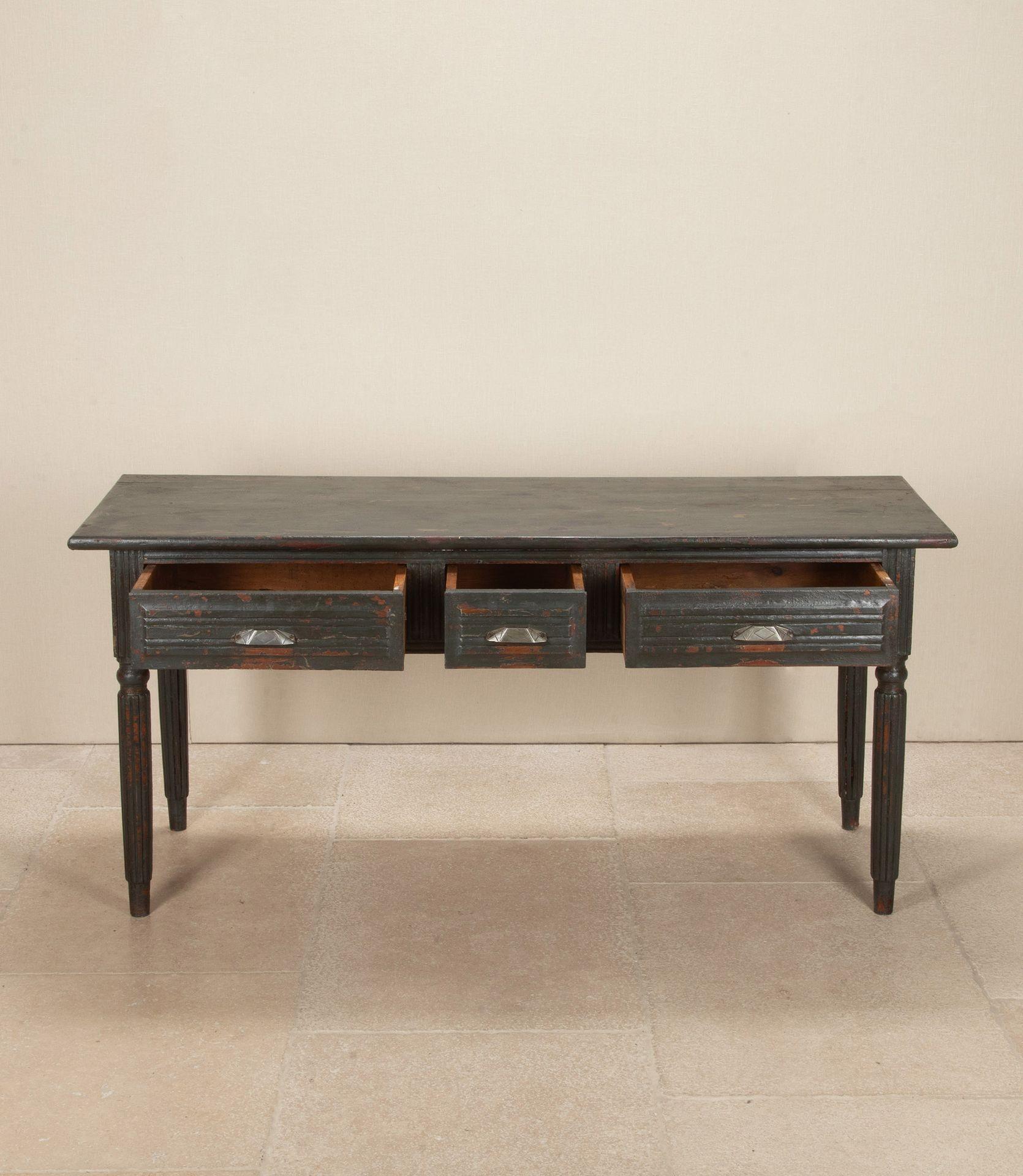 Great early 20th Century distressed painted, three drawer serving table.From the Brittany area of France, Circa 1910.