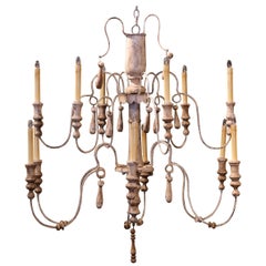 Early 20th Century French Painted Wood and Iron Twelve-Light Spider Chandelier