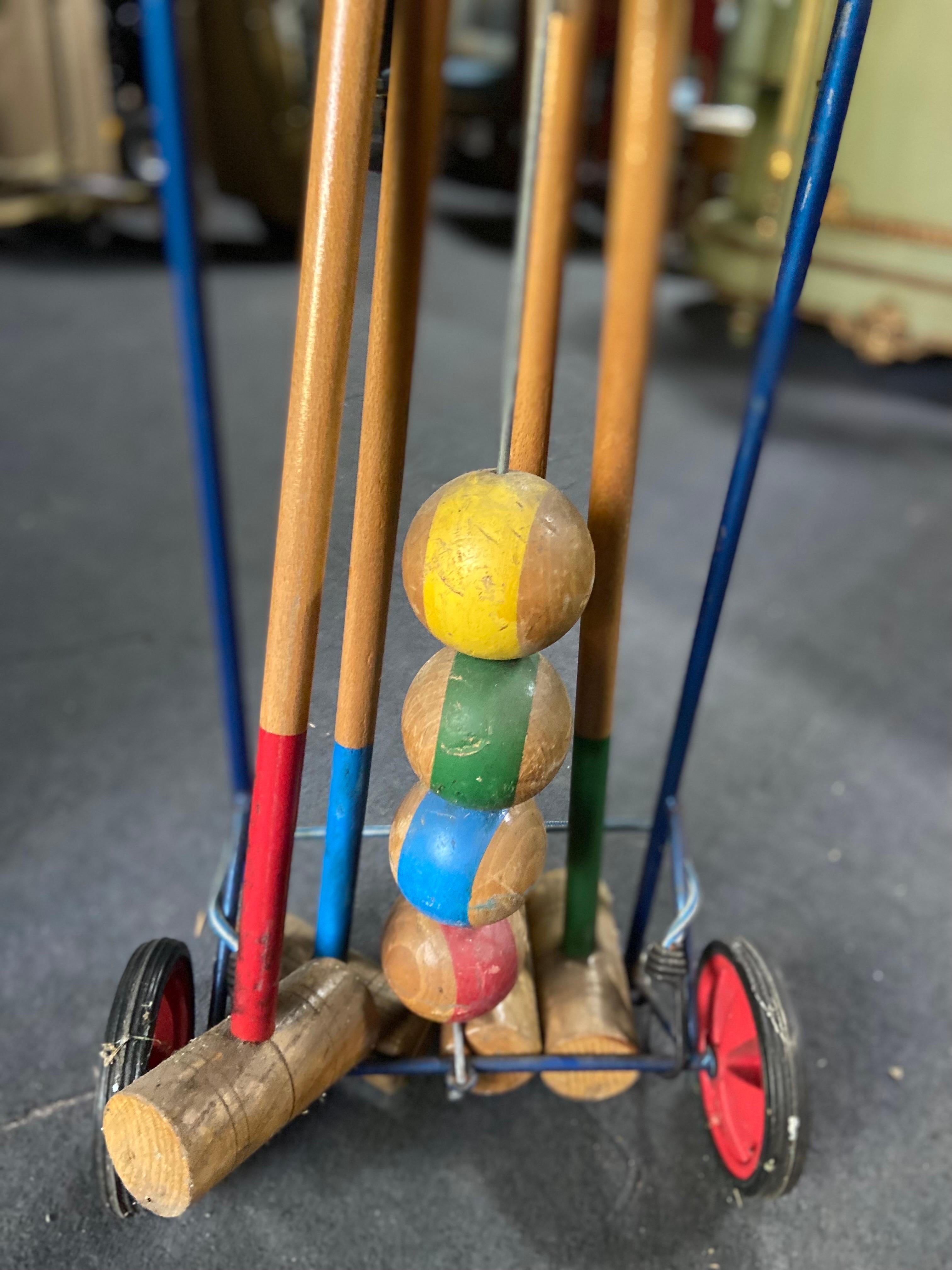 Early 20th Century French Painted Wooden Croquet Set for Four Person by