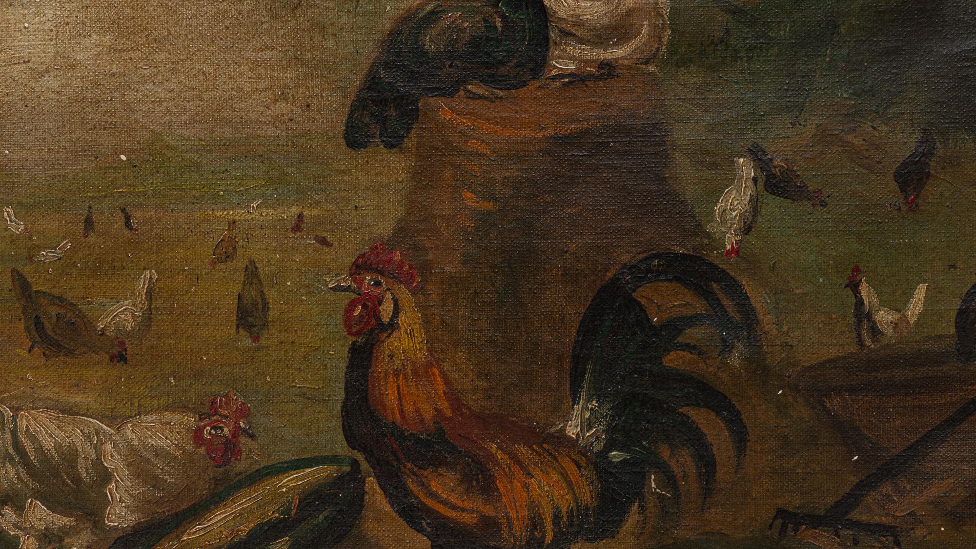 This charming Early 20th Century French Painting depicts the vibrant life of the farmyard. The scene is animated with the commanding presence of a rooster amongst hens, painted with a lively brush that captures the textures of their feathers and the