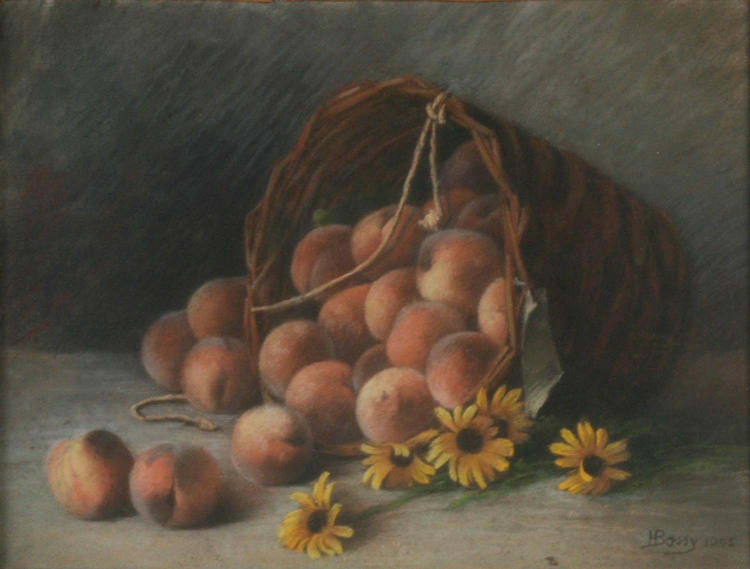 This is a beautiful pastel painting from France. The painting is signed and dated lower right. The painting shows a large basket with an abundance of peaches, with some yellow daisies in the foreground. The sober gray background makes the colorful