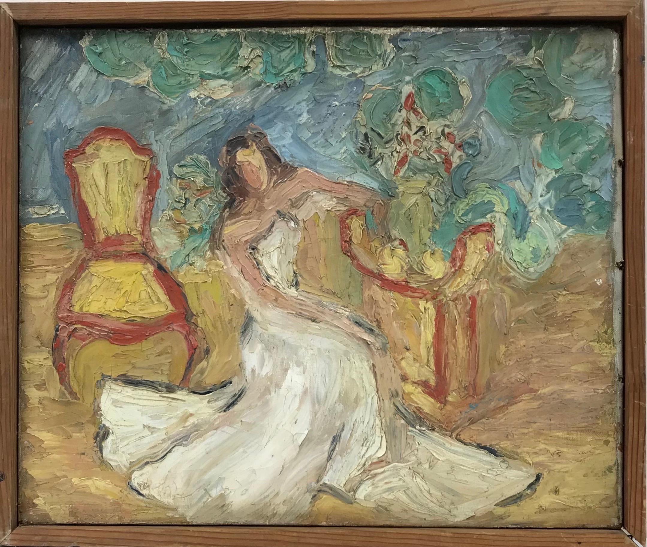Stunning 1930s French Oil Lady in Wedding Dress in Interior, very thick impasto  - Painting by Early 20th Century French