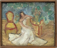 Stunning 1930s French Oil Lady in Wedding Dress in Interior, very thick impasto