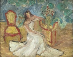 Superbe huile française des années 30 : Dame en robe de mariée à l'intérieur, empâtement très épais 