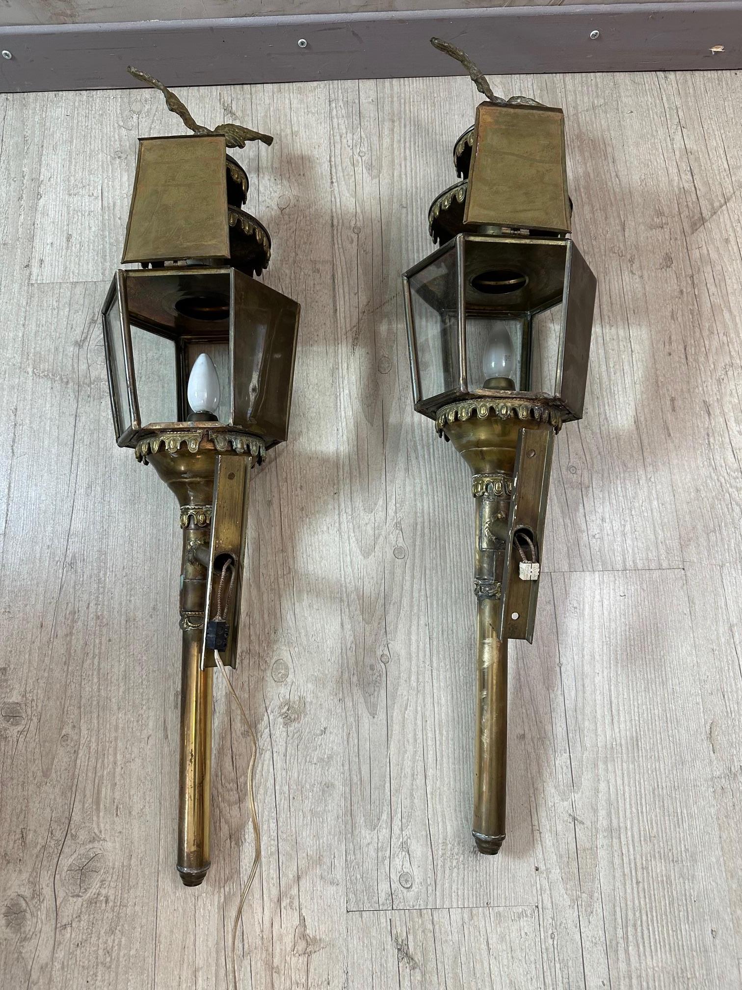 Early 20th century French Pair of Brass and Glass Coach Lanterns 9