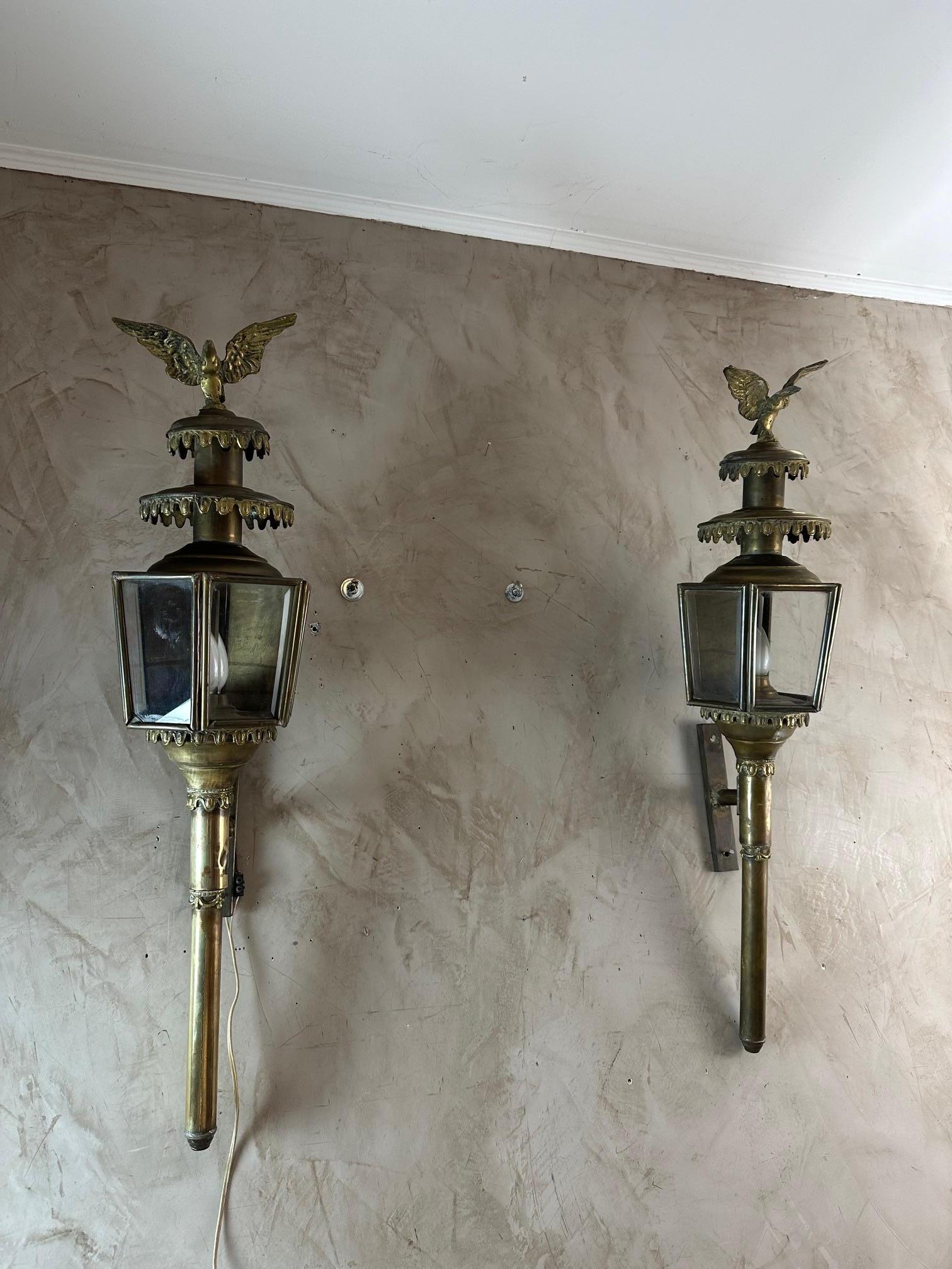 Empire Early 20th century French Pair of Brass and Glass Coach Lanterns