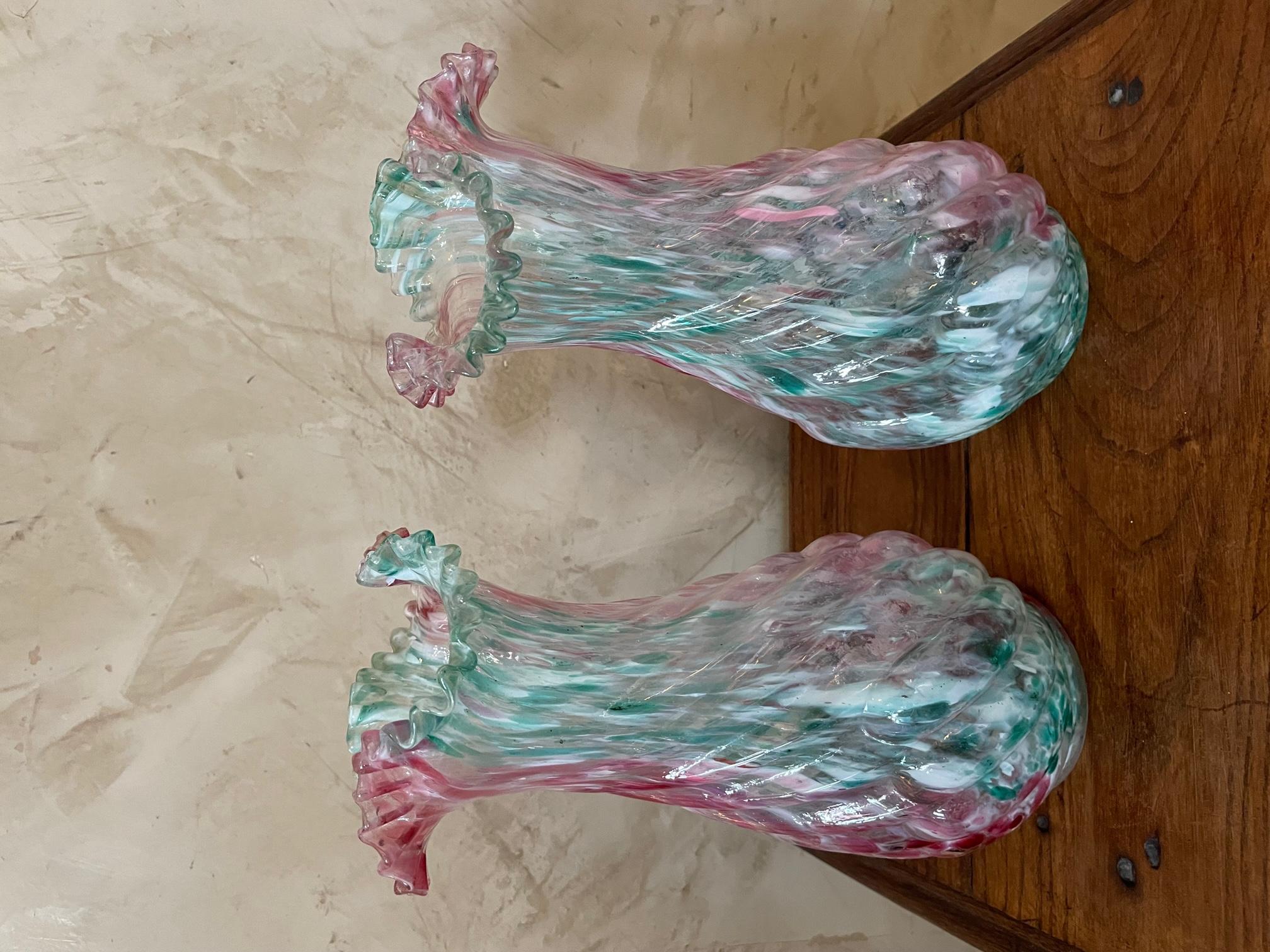 Very nice pair of vases from the Clichy glass French manufacturer dating from the early 20th century. 
Dominant colors: turquoise blue and pink.
Very good condition.