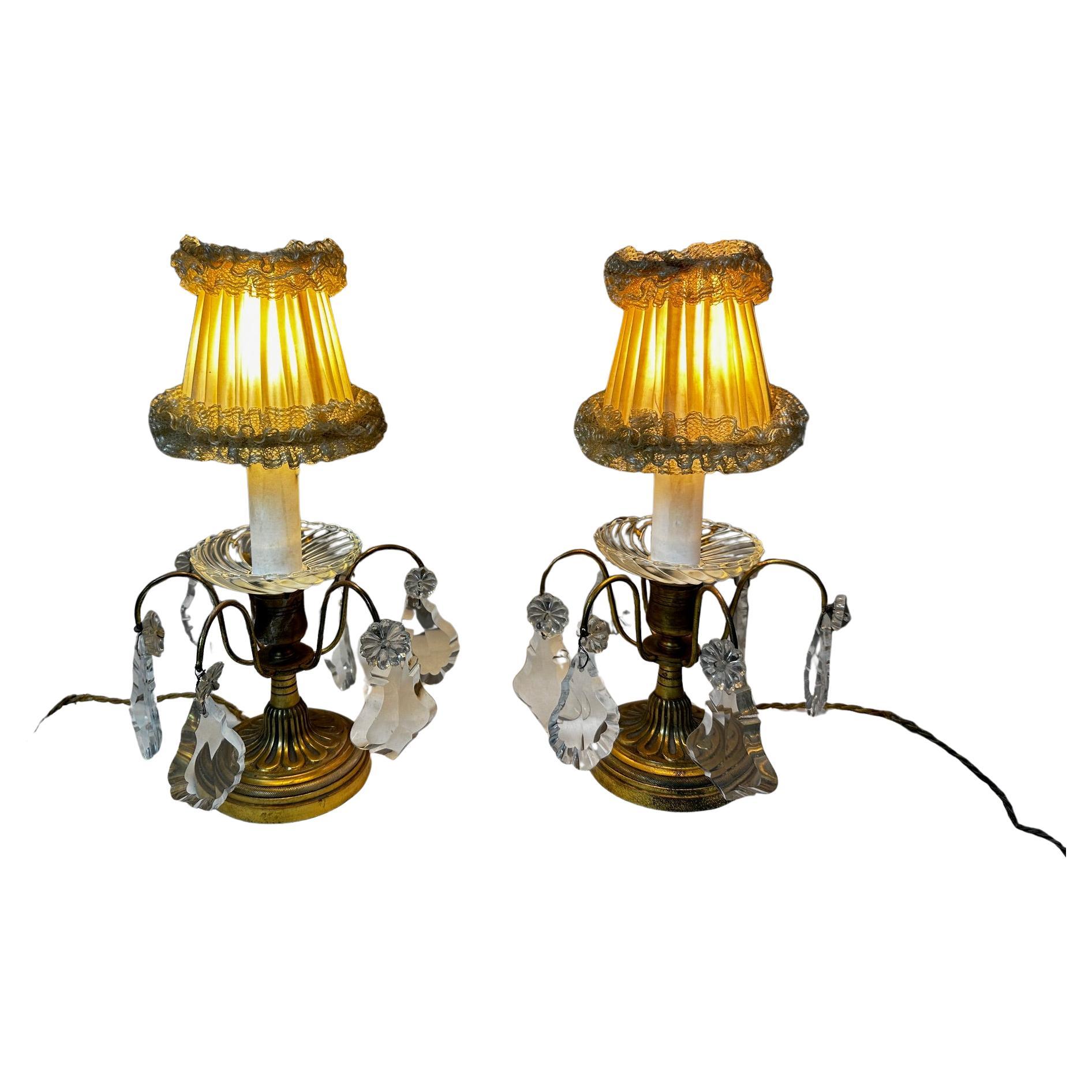 Early 20th century French Pair of Crystal and Brass Table Lamps, 1900s For Sale