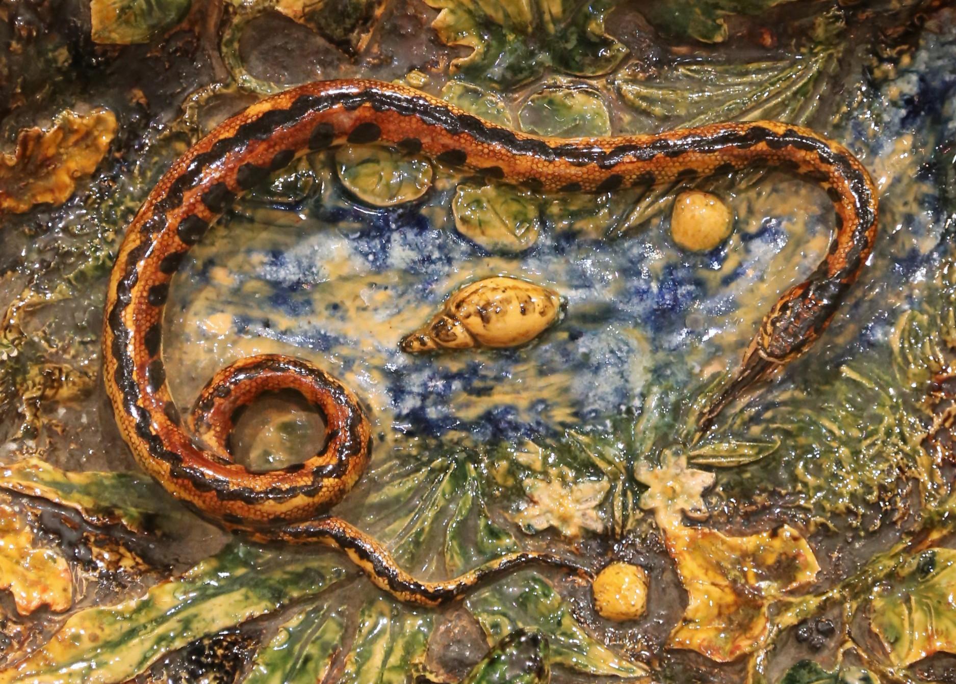 Intagliato a mano Piatto in maiolica francese Palissy dei primi del Novecento con serpente, rana e conchiglie in vendita