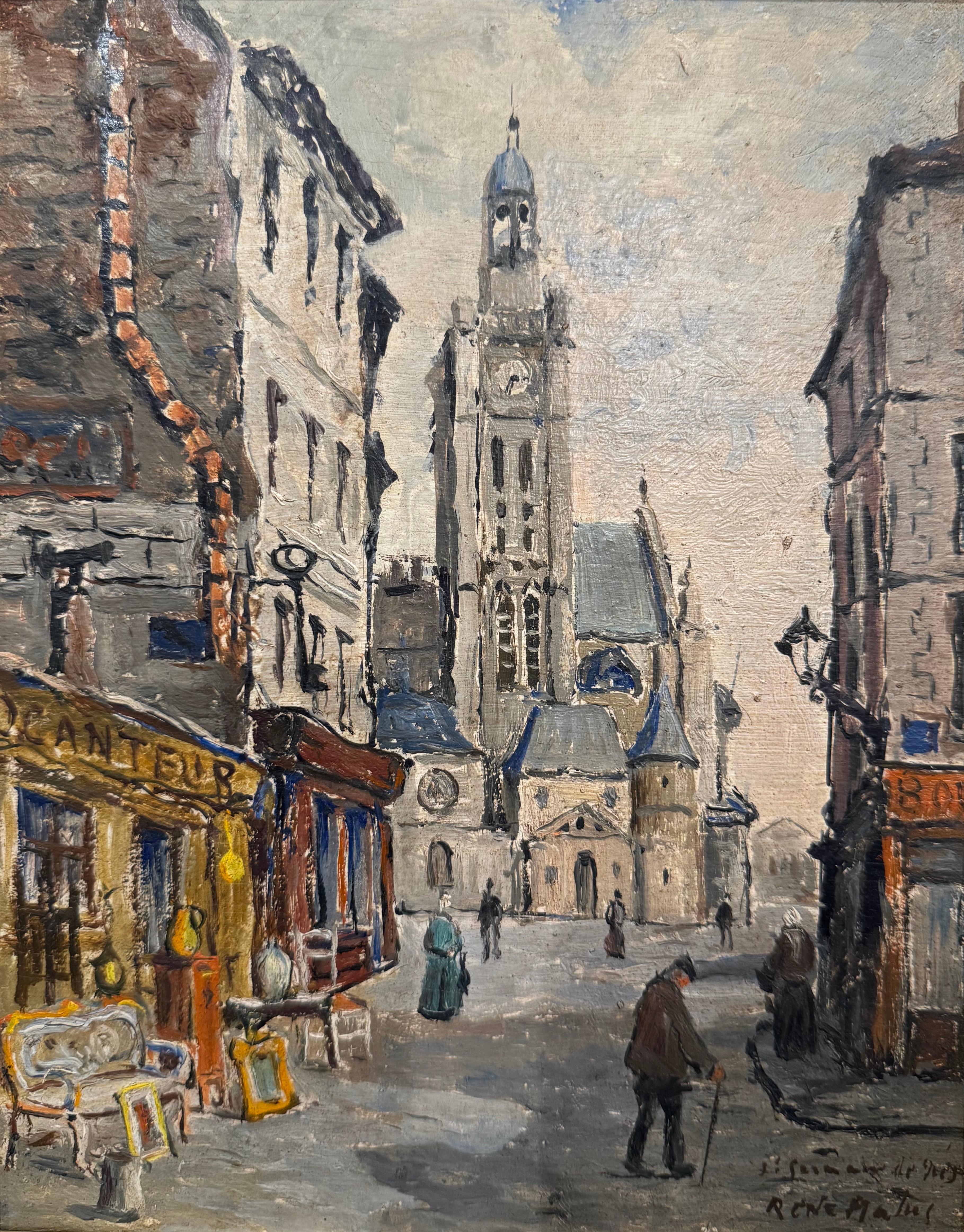 Carved Early 20th Century French Parisian Street Oil Painting on Board Signed R. Malus For Sale