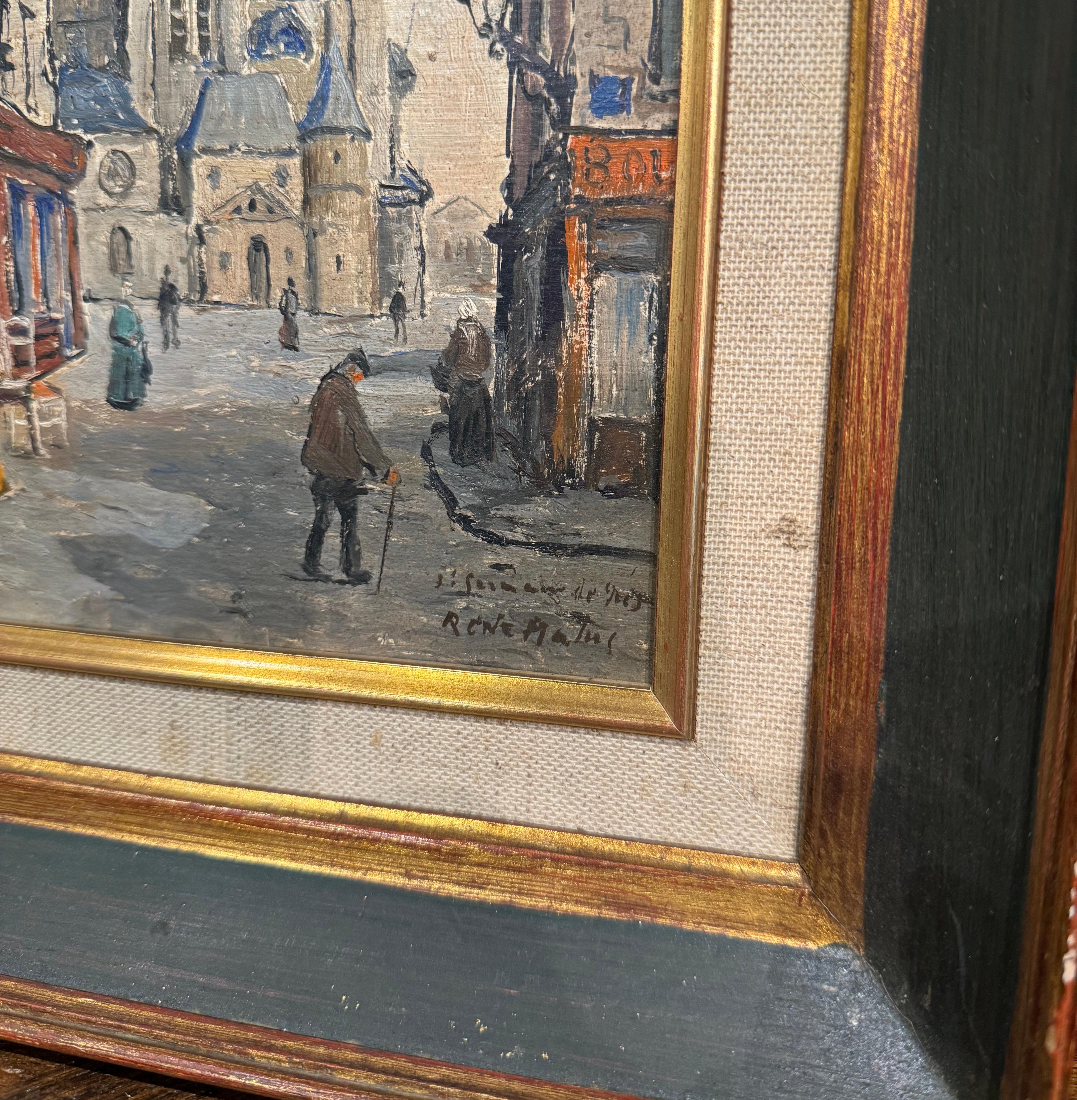 Early 20th Century French Parisian Street Oil Painting on Board Signed R. Malus In Excellent Condition For Sale In Dallas, TX