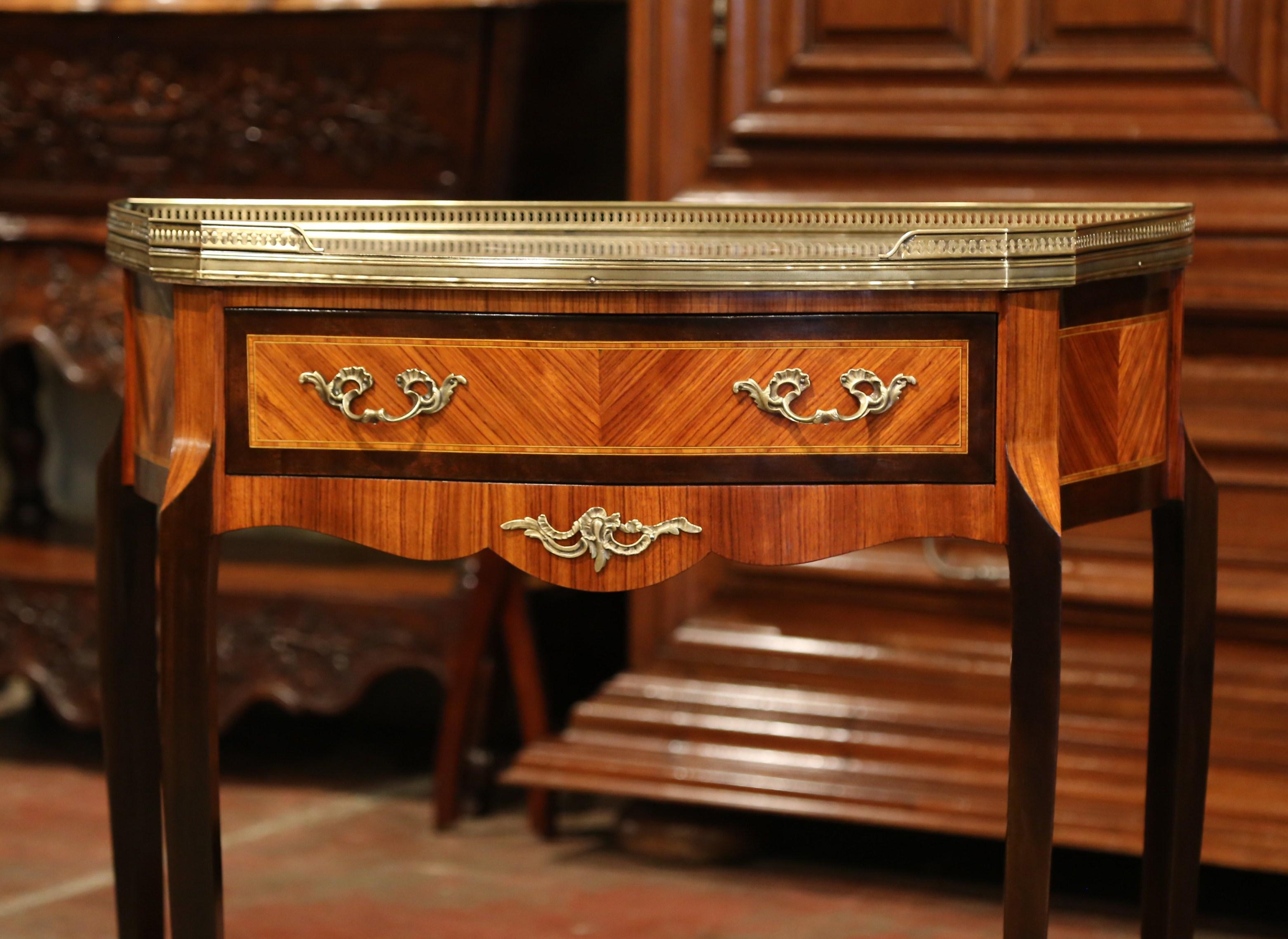 Napoleon III Early 20th Century French Parquetry and Brass Console Table with Marble Top