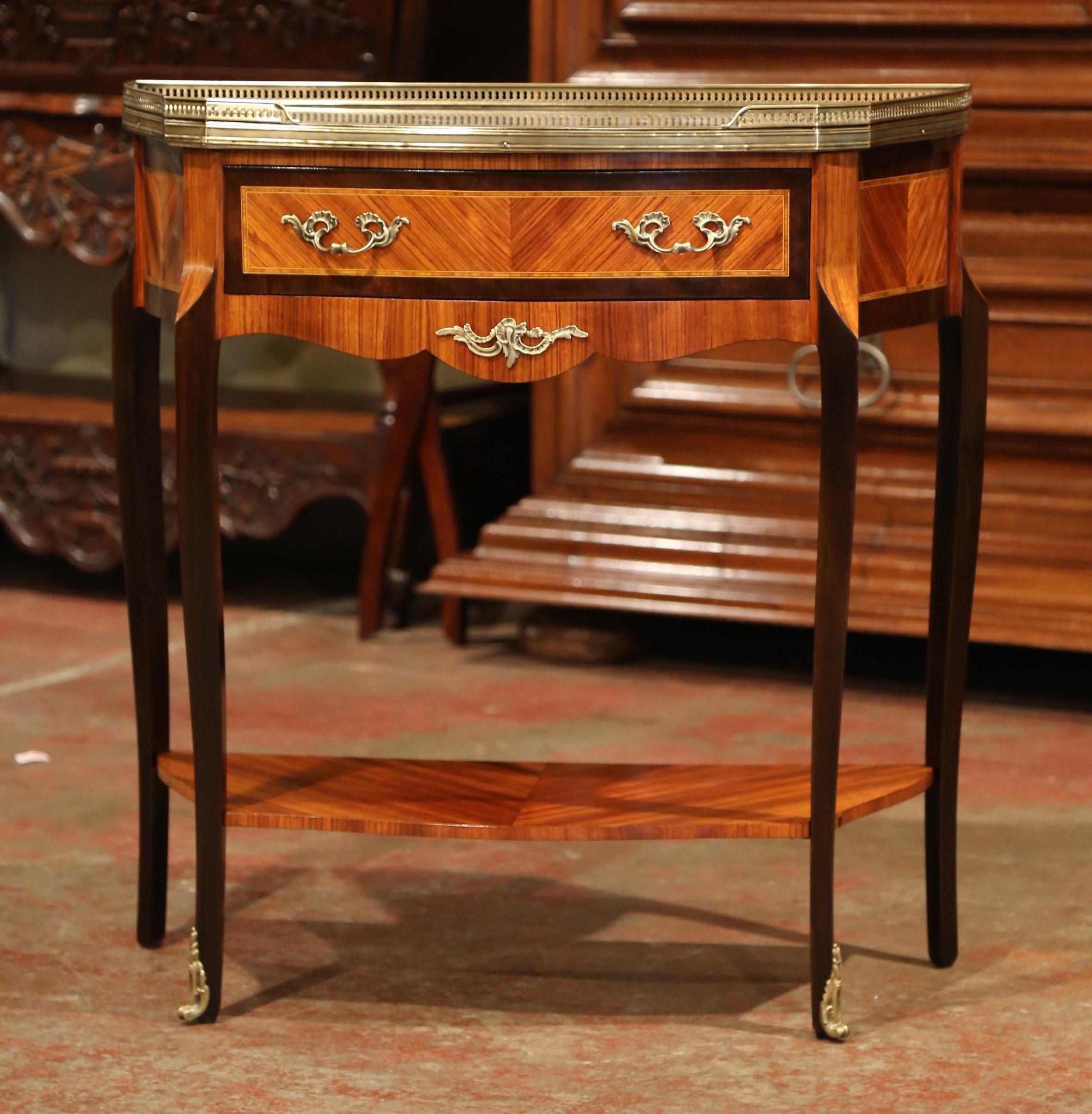 Early 20th Century French Parquetry and Brass Console Table with Marble Top In Excellent Condition In Dallas, TX