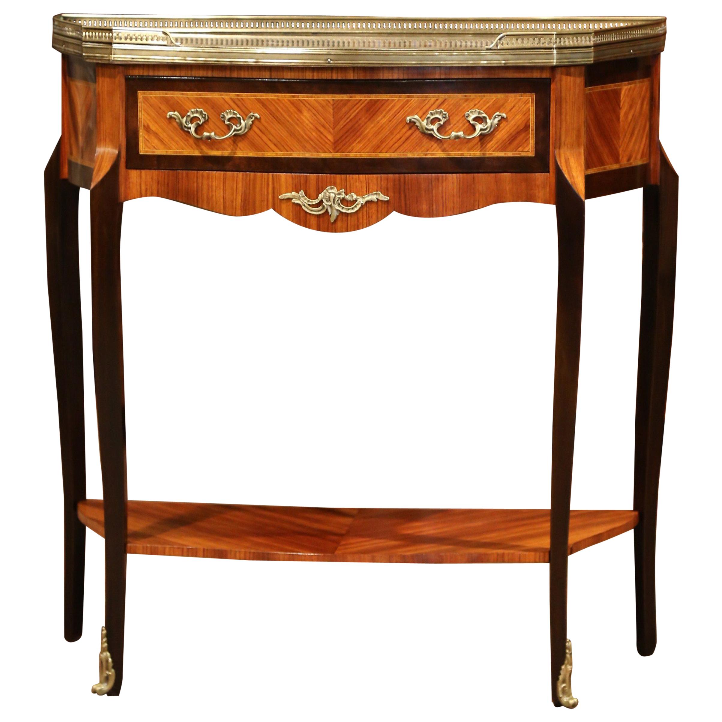 Early 20th Century French Parquetry and Brass Console Table with Marble Top