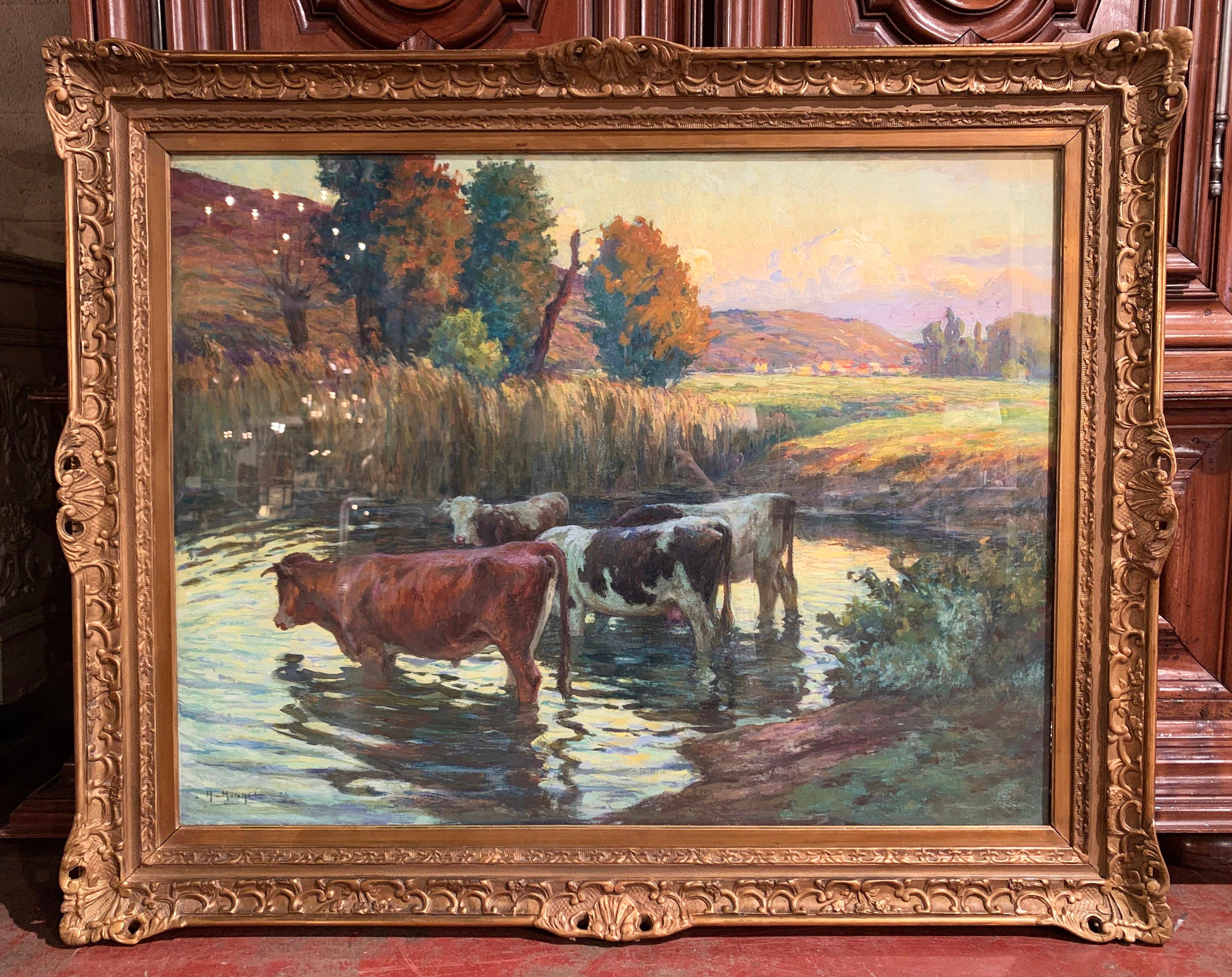 Early 20th Century French Pastel on Canvas Cow Painting Signed C. Hugrel, 1923 In Excellent Condition In Dallas, TX