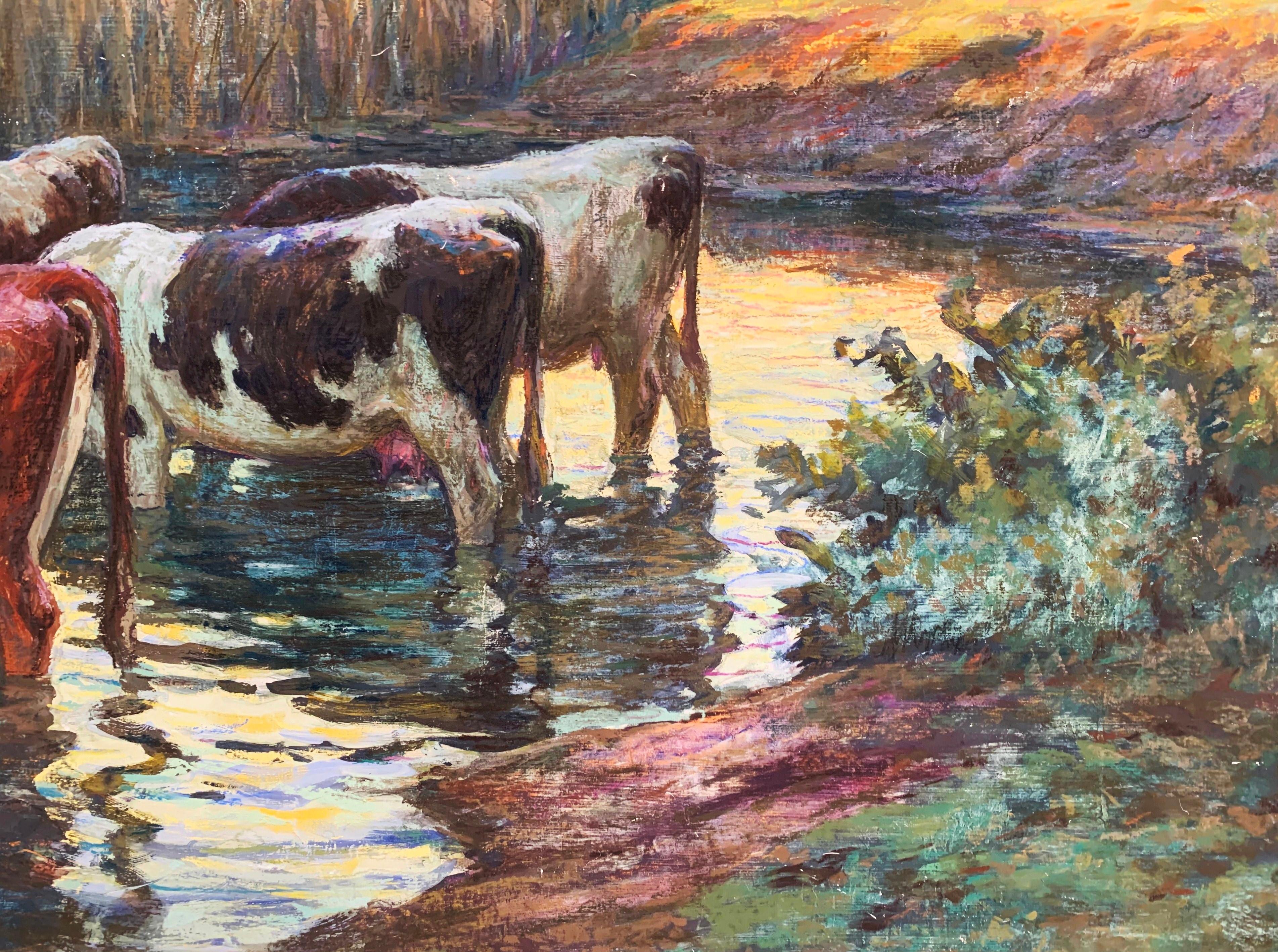 Early 20th Century French Pastel on Canvas Cow Painting Signed C. Hugrel, 1923 1