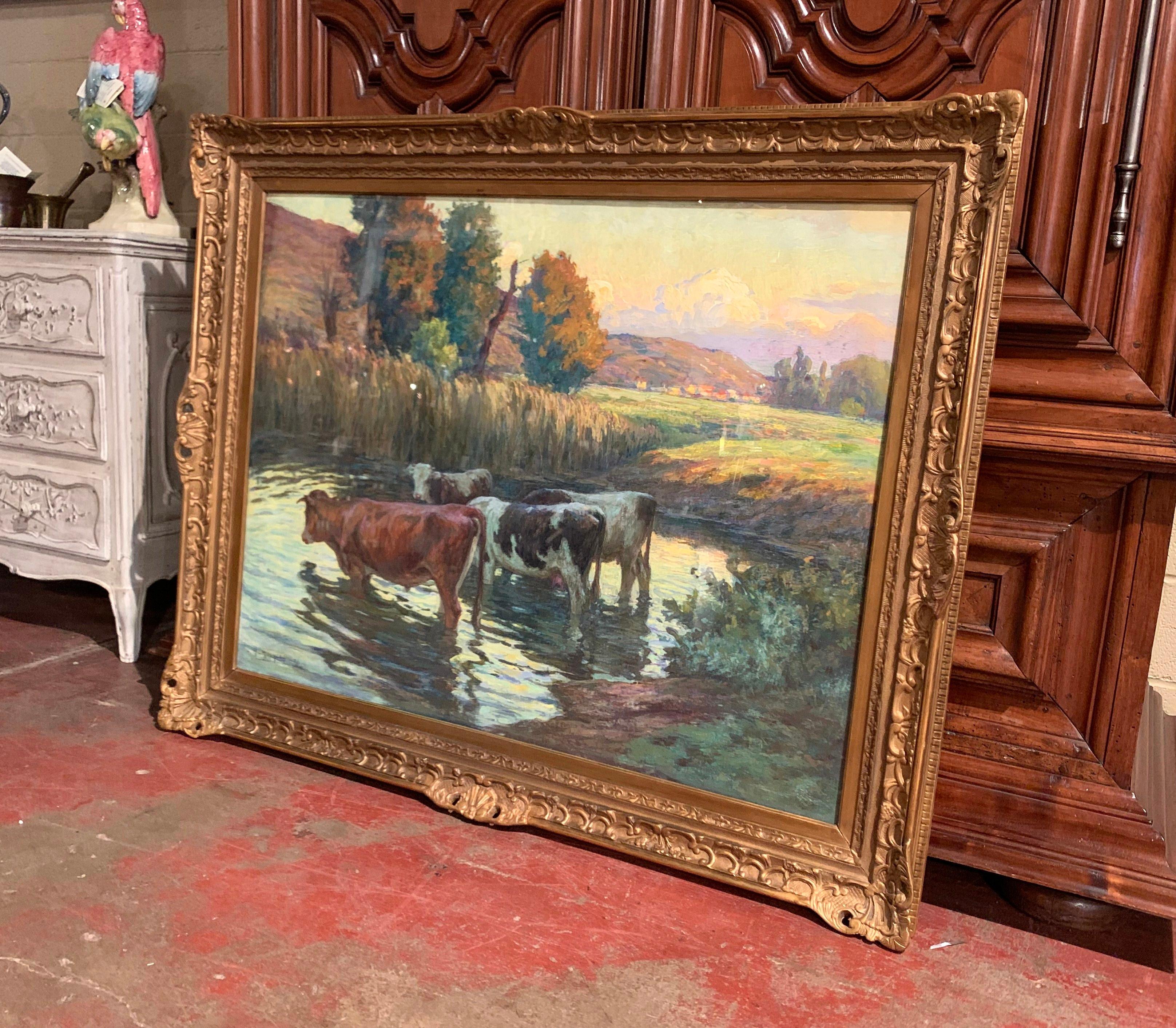 Early 20th Century French Pastel on Canvas Cow Painting Signed C. Hugrel, 1923 3