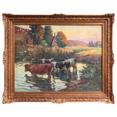 Early 20th Century French Pastel on Canvas Cow Painting Signed C. Hugrel, 1923