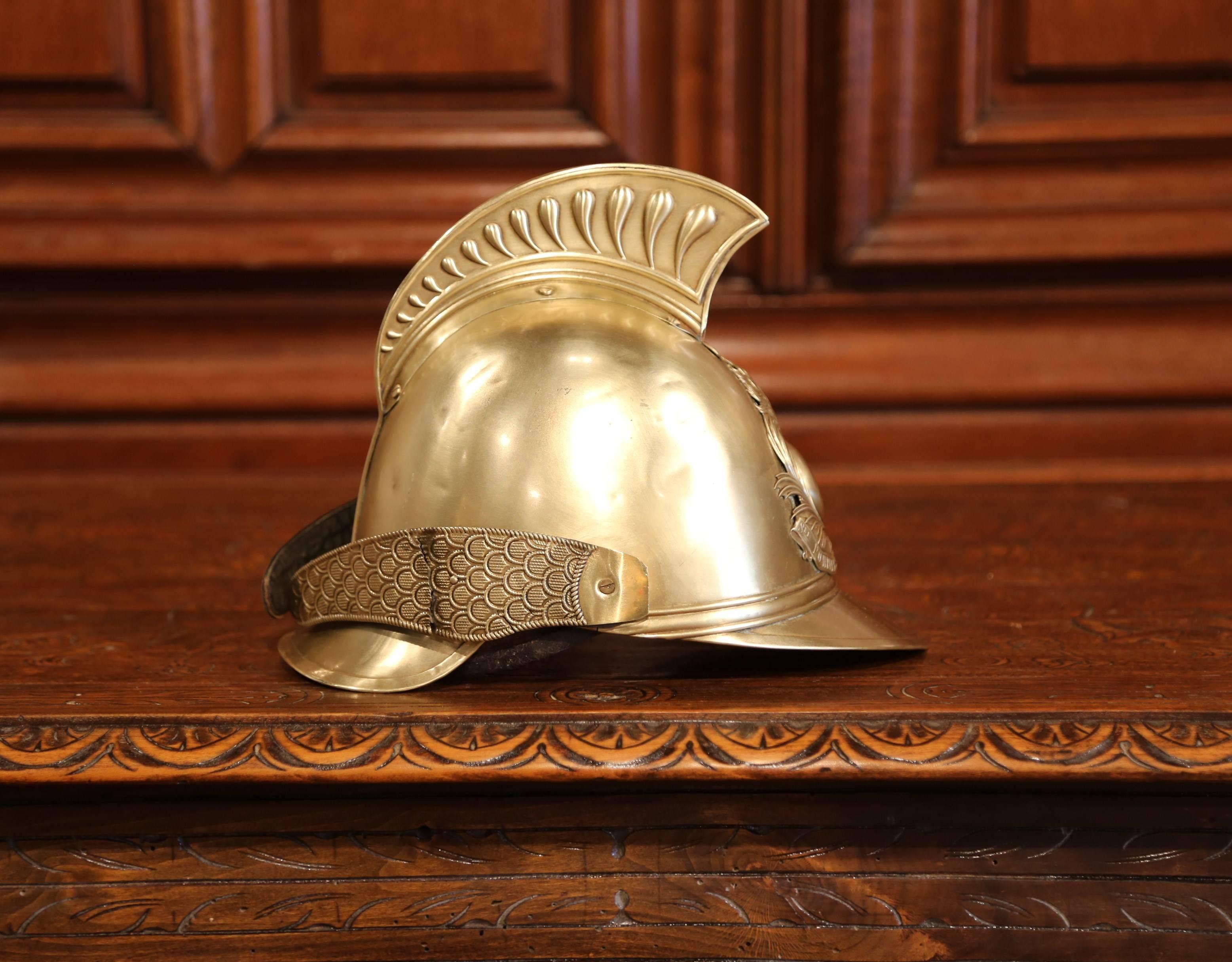 Hand-Crafted Early 20th Century French Patinated Brass and Leather Fireman Helmet with Straps