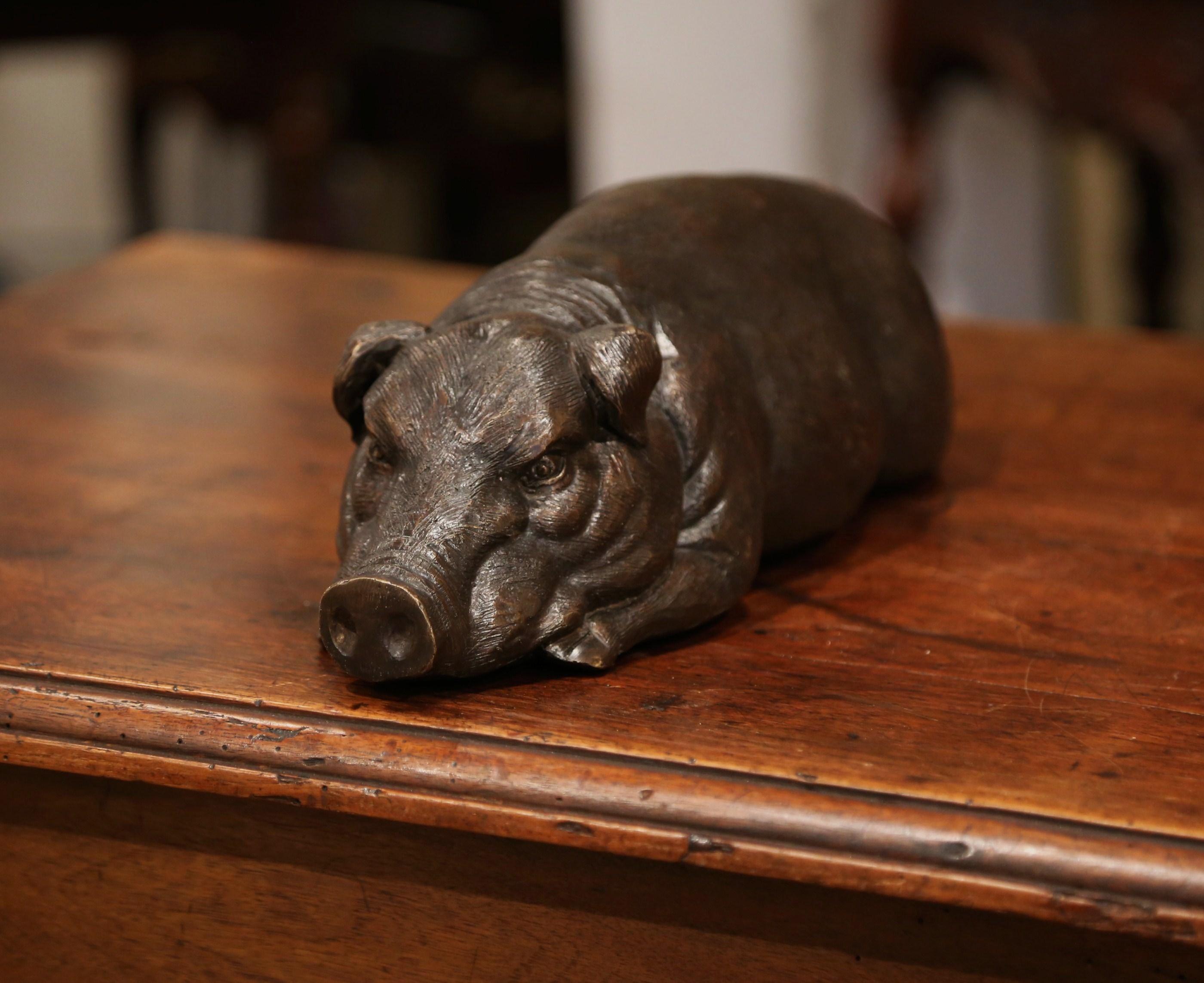 Early 20th Century French Patinated Bronze Pig Sculpture  In Excellent Condition In Dallas, TX