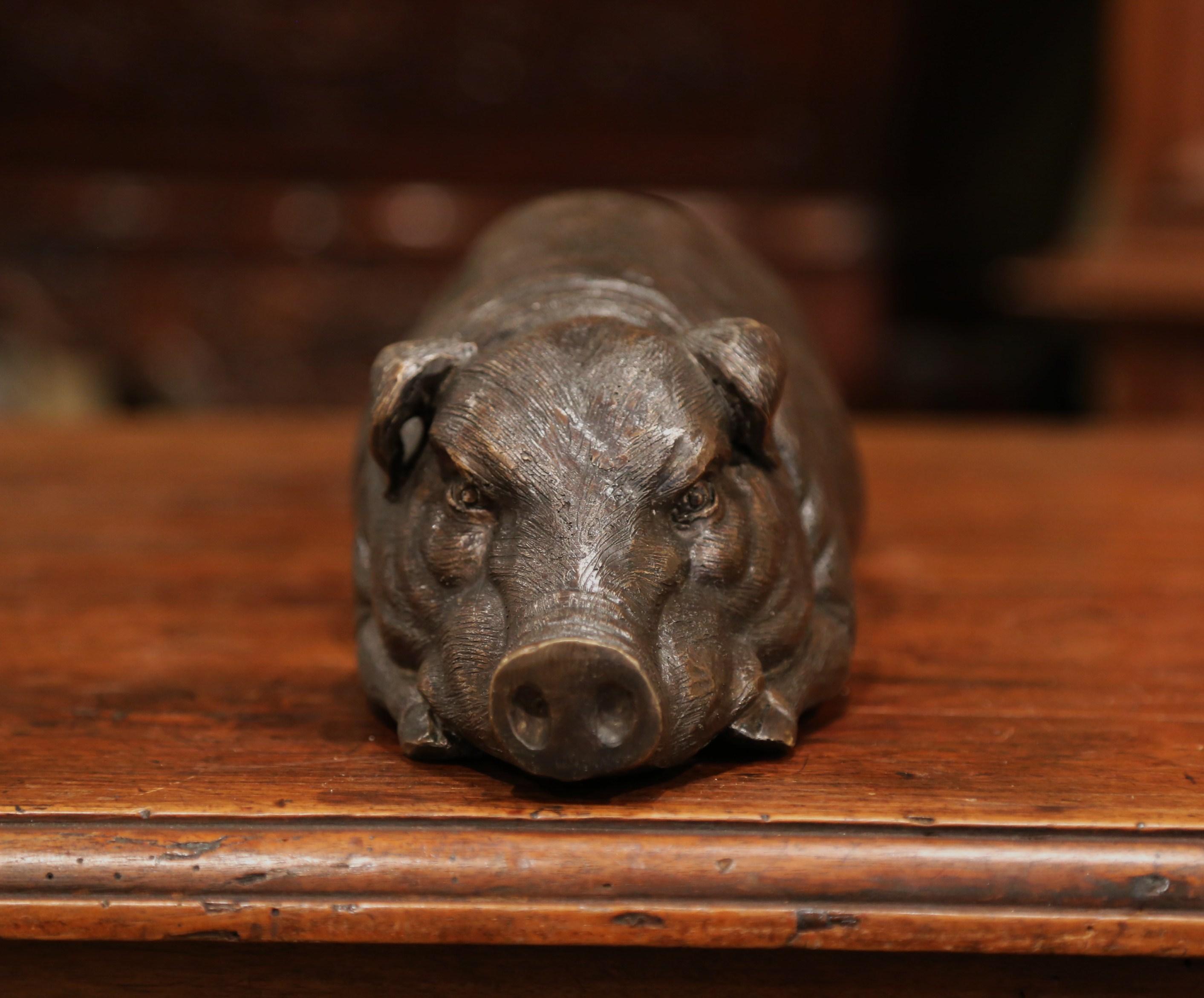 Early 20th Century French Patinated Bronze Pig Sculpture  3